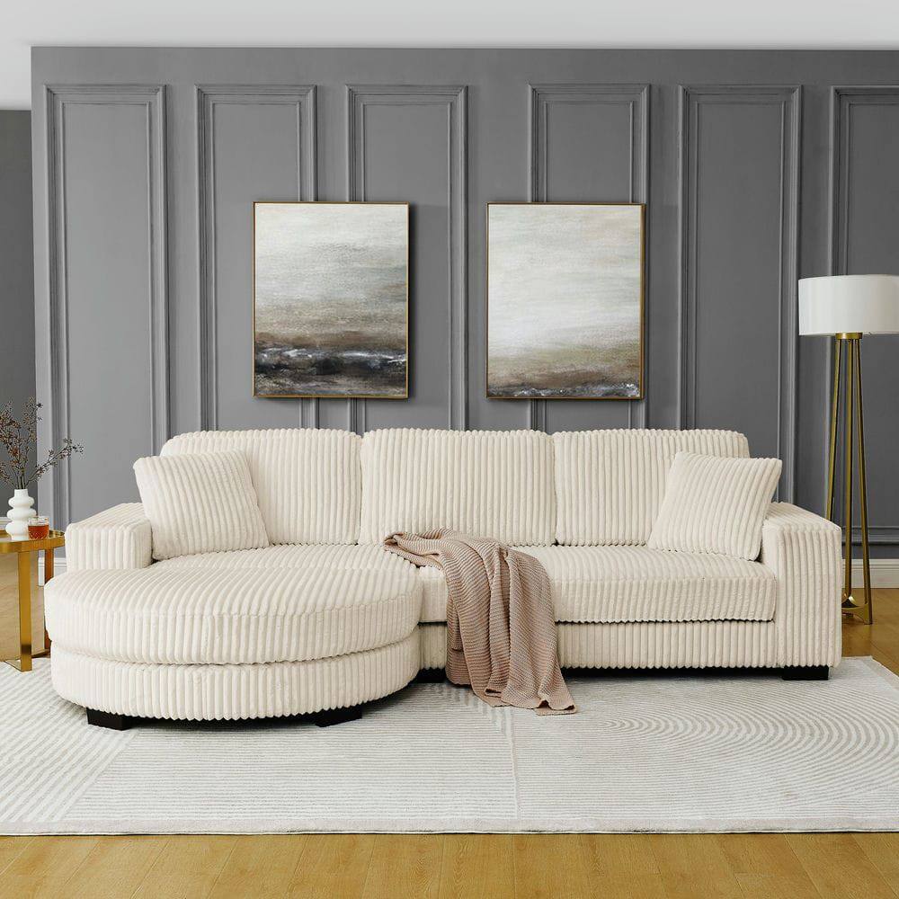 Back. Kadyn - Modular Sleeper Sectional with Ottoman, L-Shaped Corduroy Sofa with Tufted Design, Beige - Beige.