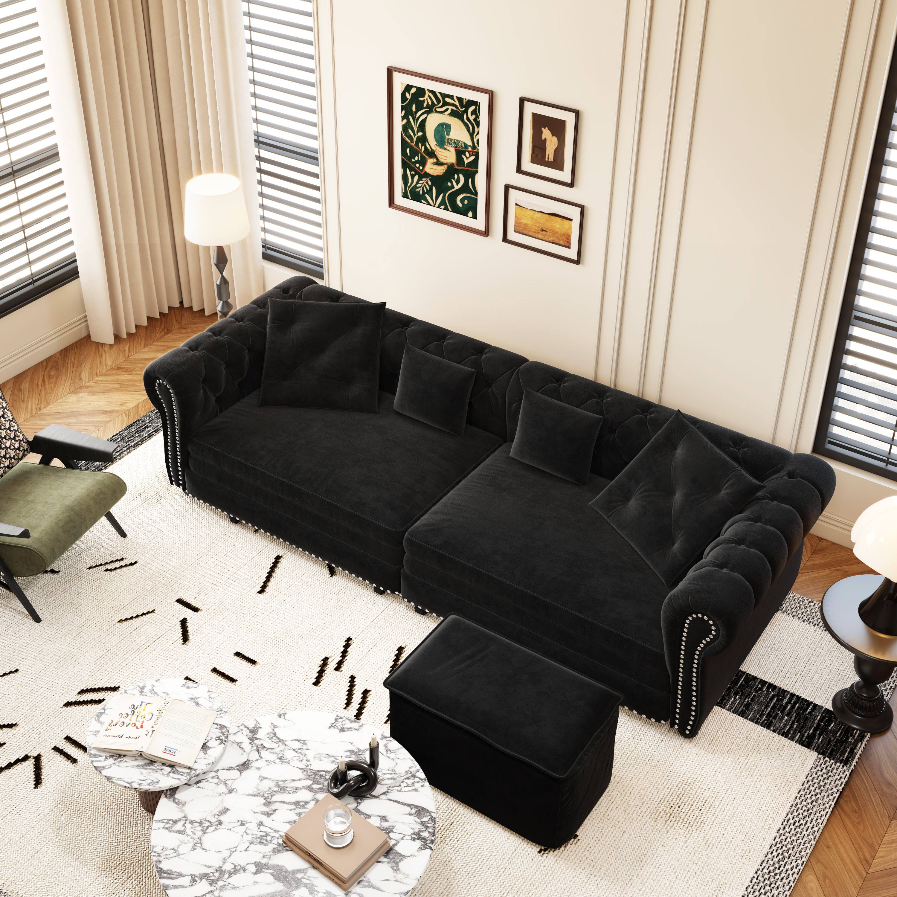 Angle. Anysun - 89" 3-in-1 Velvet Chesterfield Pull-Out Sofa Bed - King Size Sleeper, Movable Ottoman, Tufted Design - Black.