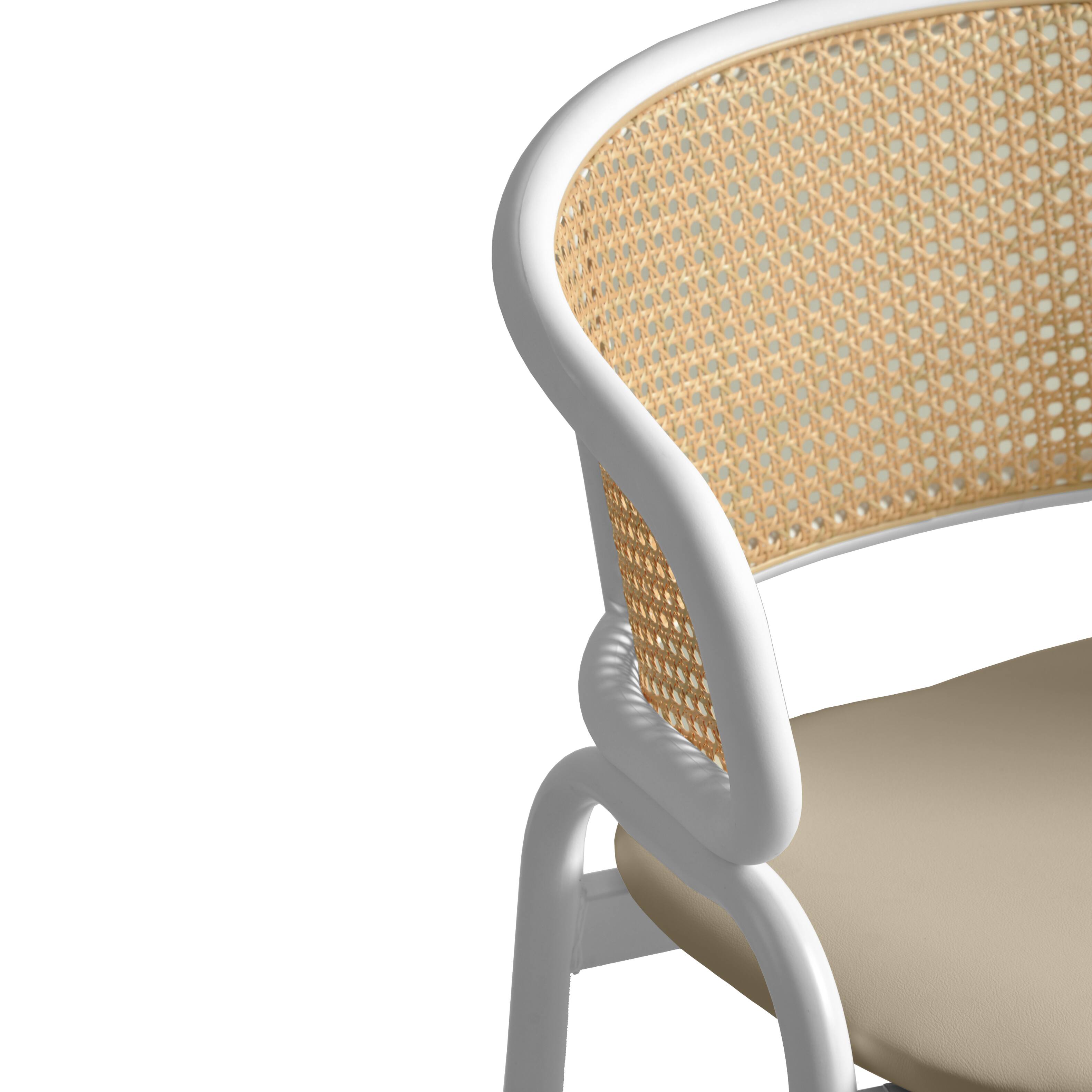 Alt View 7. LeisureMod - Ervilla Modern Rattan Dining Chair, Leather Upholstered Kitchen Side Accent Chair with White Metal Frame - Taupe.