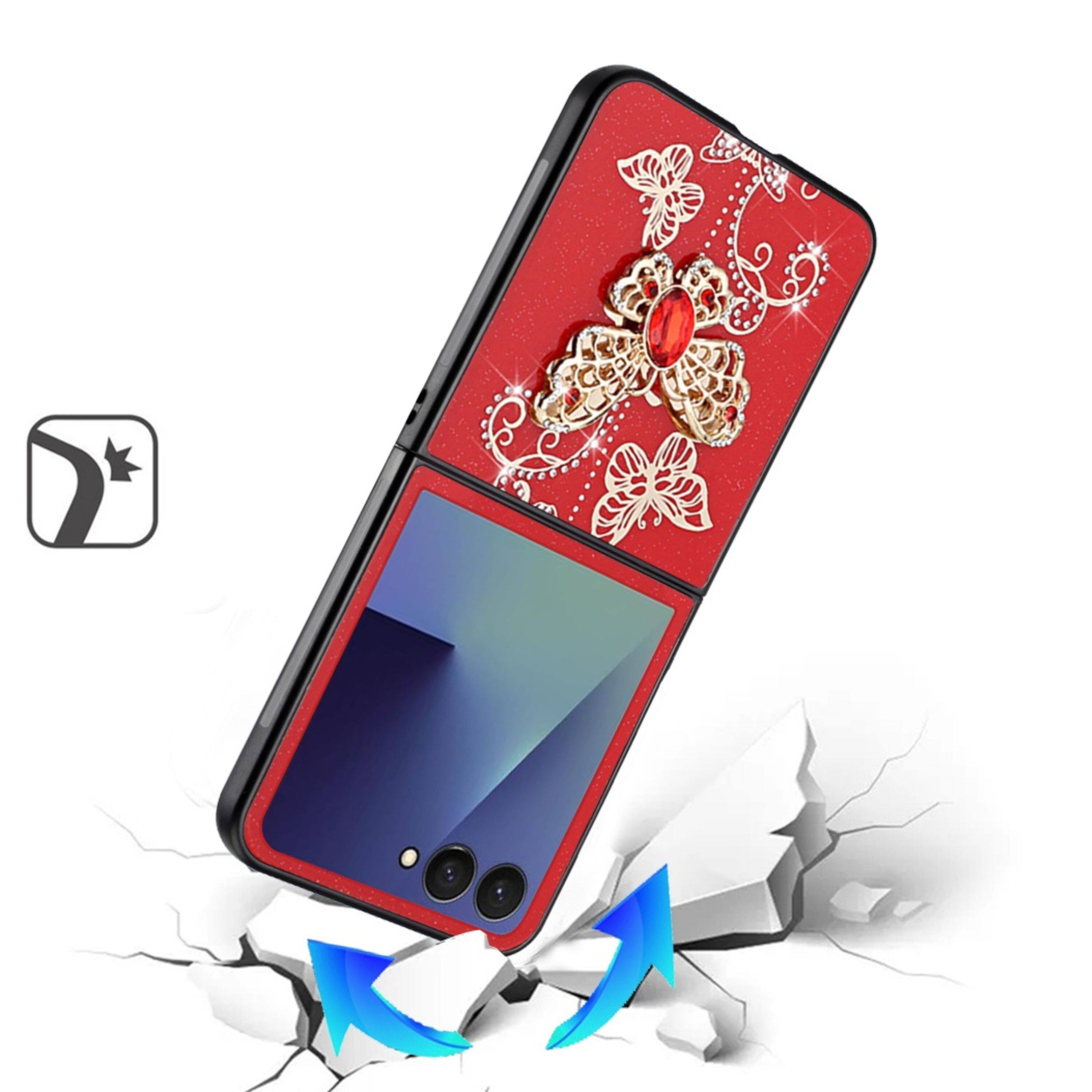 Left. Kitcheniva - Rhinestone Glitter Cover Case With Tempered Glass For Samsung Z Flip7 Butterflies Red - Garden Butterflies Red.