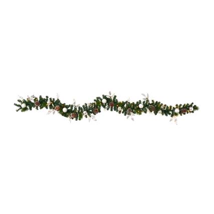 Front. BreeBe - 9’ Ornament and Pinecone Xmas Garland w/50 Clear LED Lights - Green.