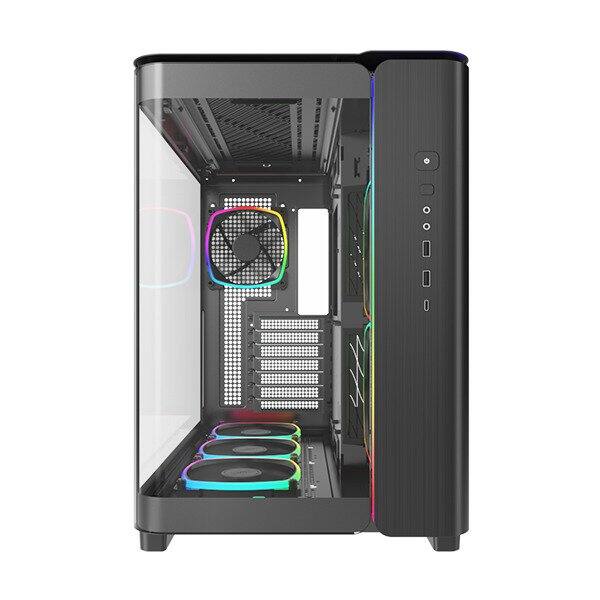 Left. Montech - KING 95 PRO (B) Dual-Chamber ATX Mid-Tower PC Gaming Case, Curved Tempered Glass Front, Six ARGB PWM Fan Pre-installed - Black.