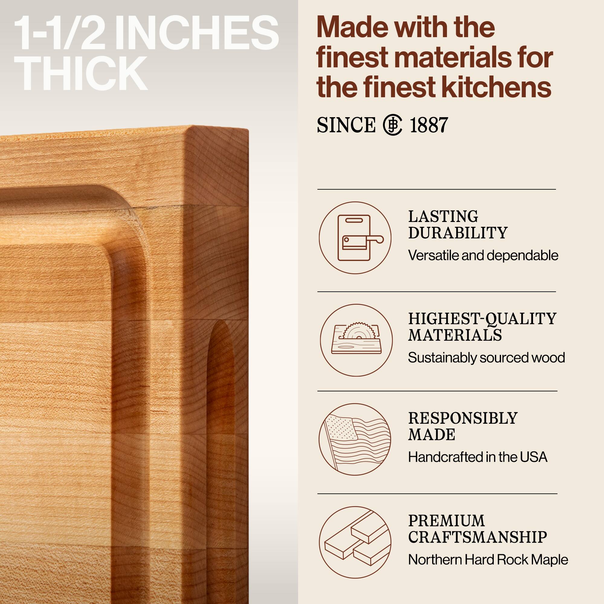 1-1/2 INCHES THICK

Made with the finest materials for the finest kitchens

SINCE 1887

LASTING DURABILITY
Versatile and dependable

HIGHEST-QUALITY MATERIALS
Sustainably sourced wood

RESPONSIBLY MADE
Handcrafted in the USA

PREMIUM CRAFTSMANSHIP
Northern Hard Rock Maple