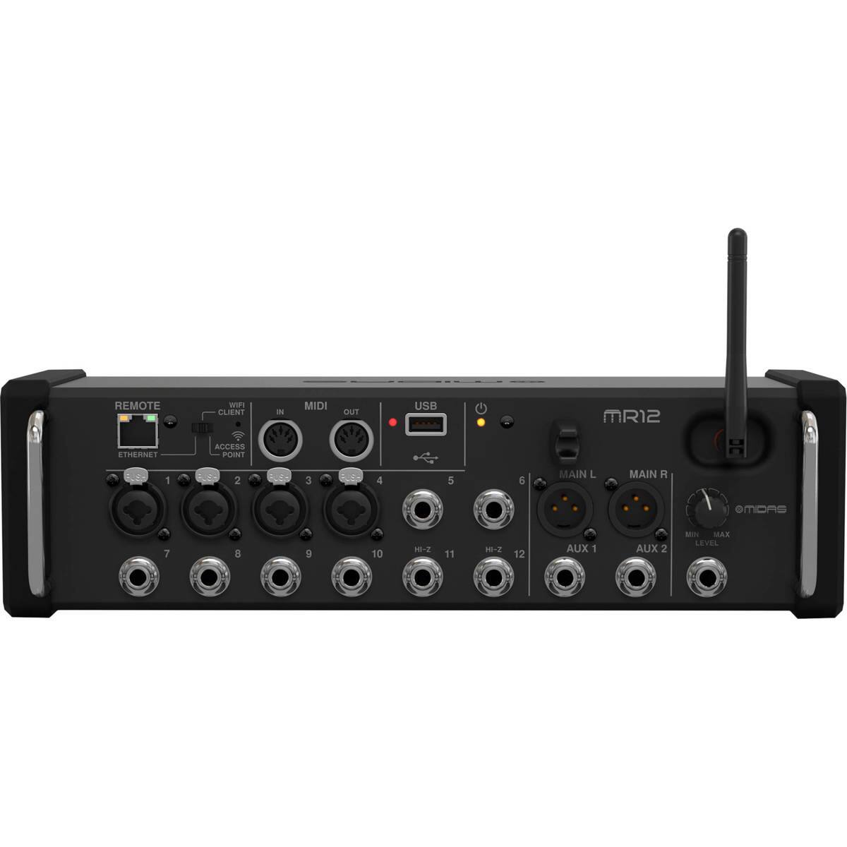 REMOTE ETHERNET - CLIENT ACCESS POINT IN MIDI OUT USB MR12  
1 2 3 4 5 6  
MAIN L MAIN R  
eMIDAS  
7 9 10 HI-2 11 H-2 12  
AUX 1 AUX 2  
MIN MAX LEVEL