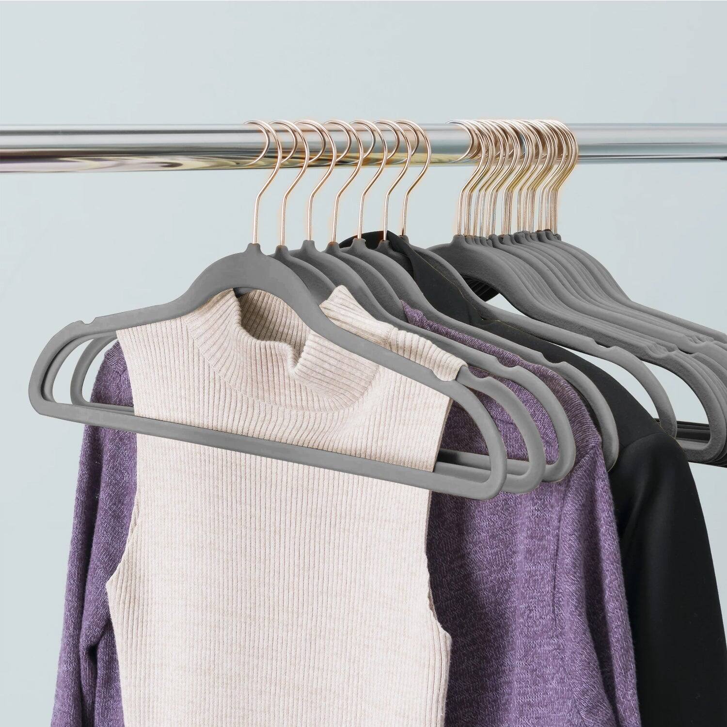 Back. Vecelo - 25Pack Flocking Velvet Non-Slip Hangers with With Hooks&Clips – Space Saving Slim Clothes Hangers - Grey.