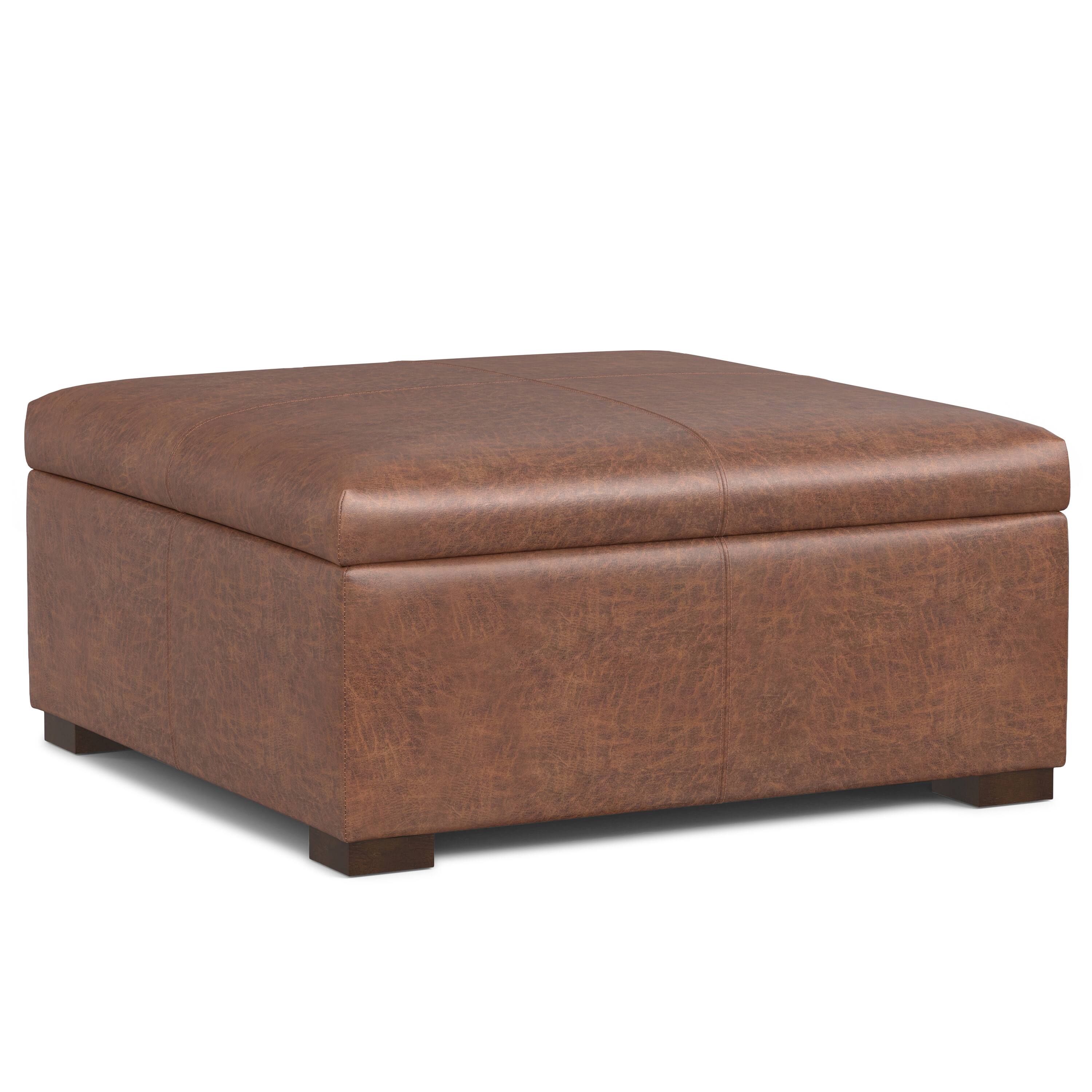 Alt View 2. Simpli Home - Gabbie 36 inch Wide Square Coffee Table Storage Ottoman in Distressed Saddle Brown Vegan Leather - Distressed Saddle Brown.