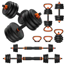 FEIERDUN - 30lbs 5-in-1 Adjustable Dumbbell Set, Converts to Barbell, Kettlebell, Push Up Stand, Weight Plate for Home Gym - 30LB