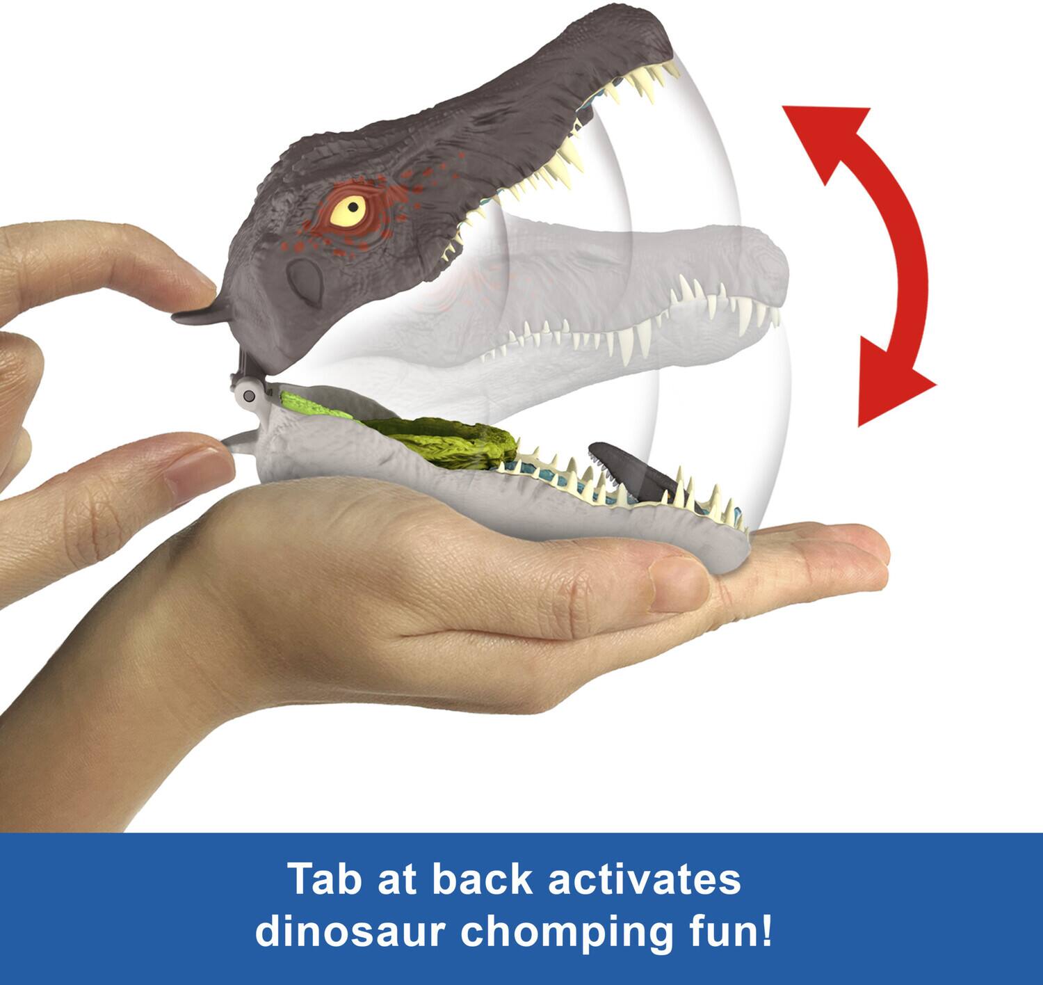 Tab at back activates dinosaur chomping fun!