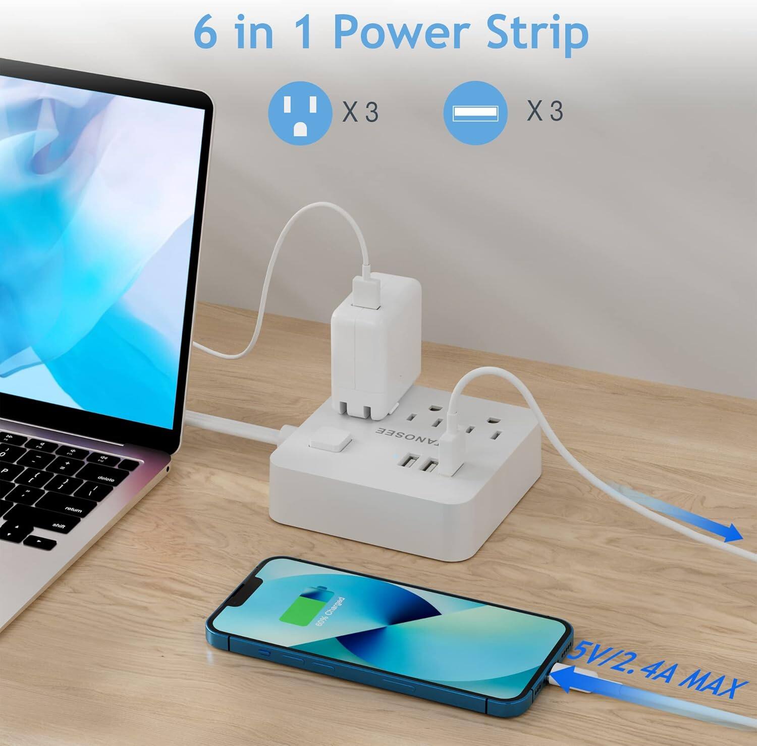 6 in 1 Power Strip  
X3 USB Ports  
X3 Charging Ports  
5V/2.4A MAX