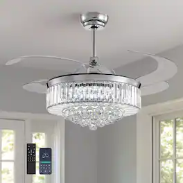 Siljoy - 48 Inch Modern Crystal Retractable LED Ceiling Fan, Invisible Blade Chandelier Fan for Indoor Use - Chrome