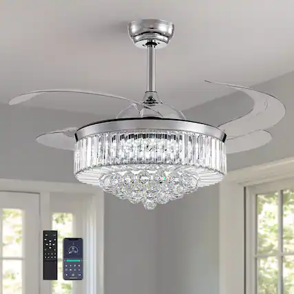 Front. Siljoy - 48 Inch Modern Crystal Retractable LED Ceiling Fan, Invisible Blade Chandelier Fan for Indoor Use - Chrome.