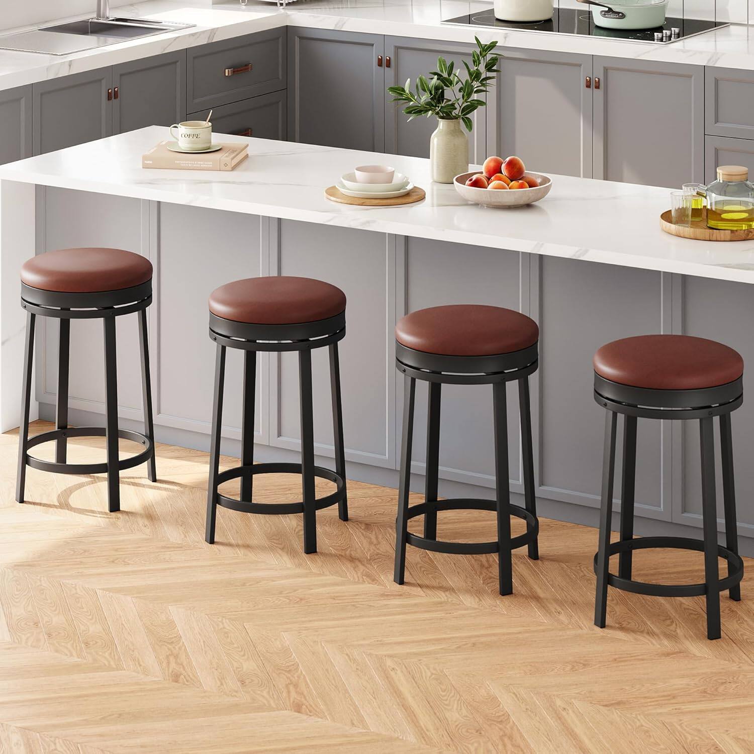 Front. GARVEE - 24" Swivel Bar Stools Set of 4 with Footrest, Modern Counter Height Barstools with PU Leather Upholstered, Brown - Brown.