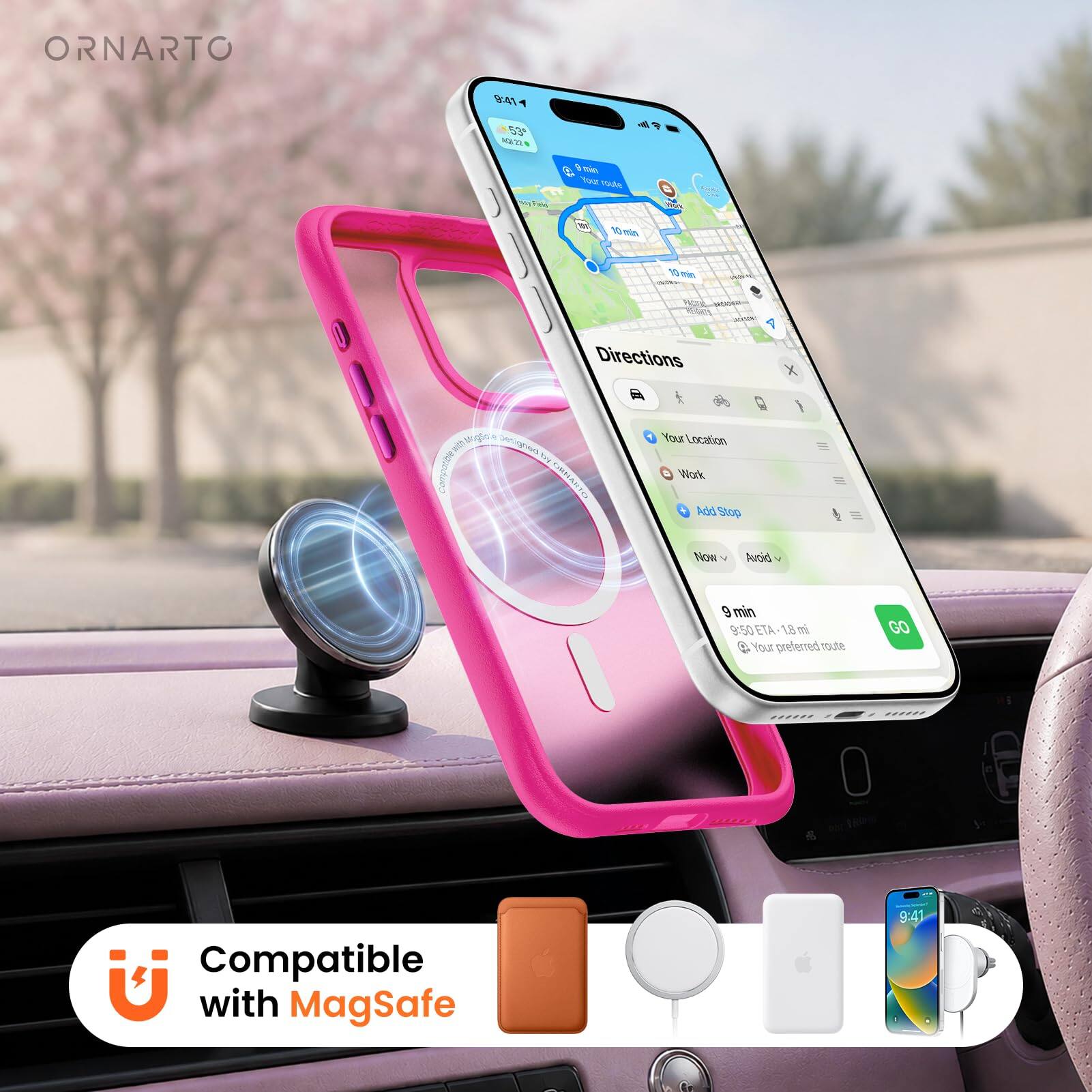 ORNARTO 941 5 MAW - Tuw 1da O 10 - or - WOAR 1 Directions aoue X wth Sue Senogeus THa CRNARTE You Location Wark Rdd Stop Now Avoid 9 min 3:50 ETA 18 m 4 Your preterred tode GO 222201 Compatible with MagSafe 9:41