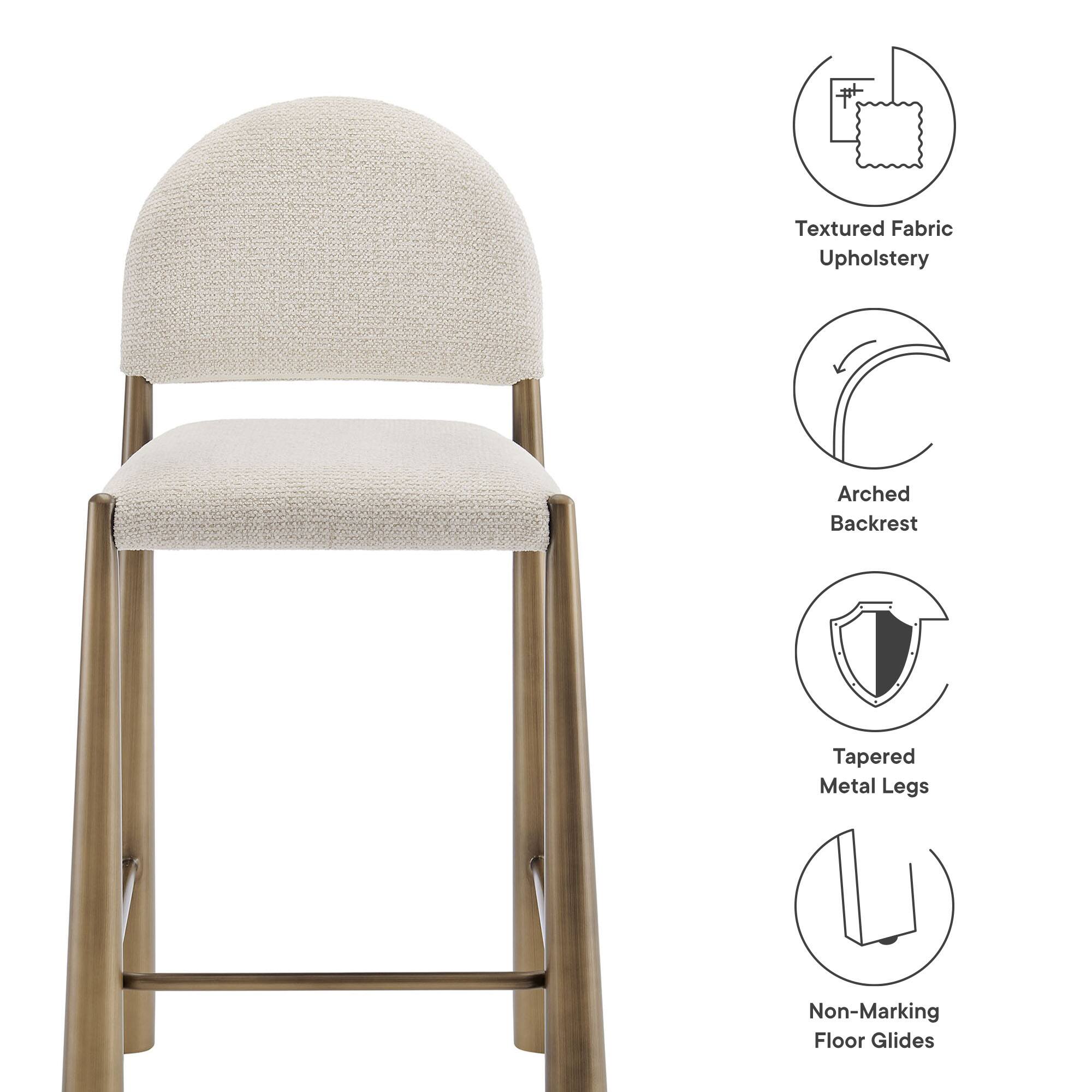 - Textured Fabric Upholstery
- Arched Backrest
- Tapered Metal Legs
- Non-Marking Floor Glides