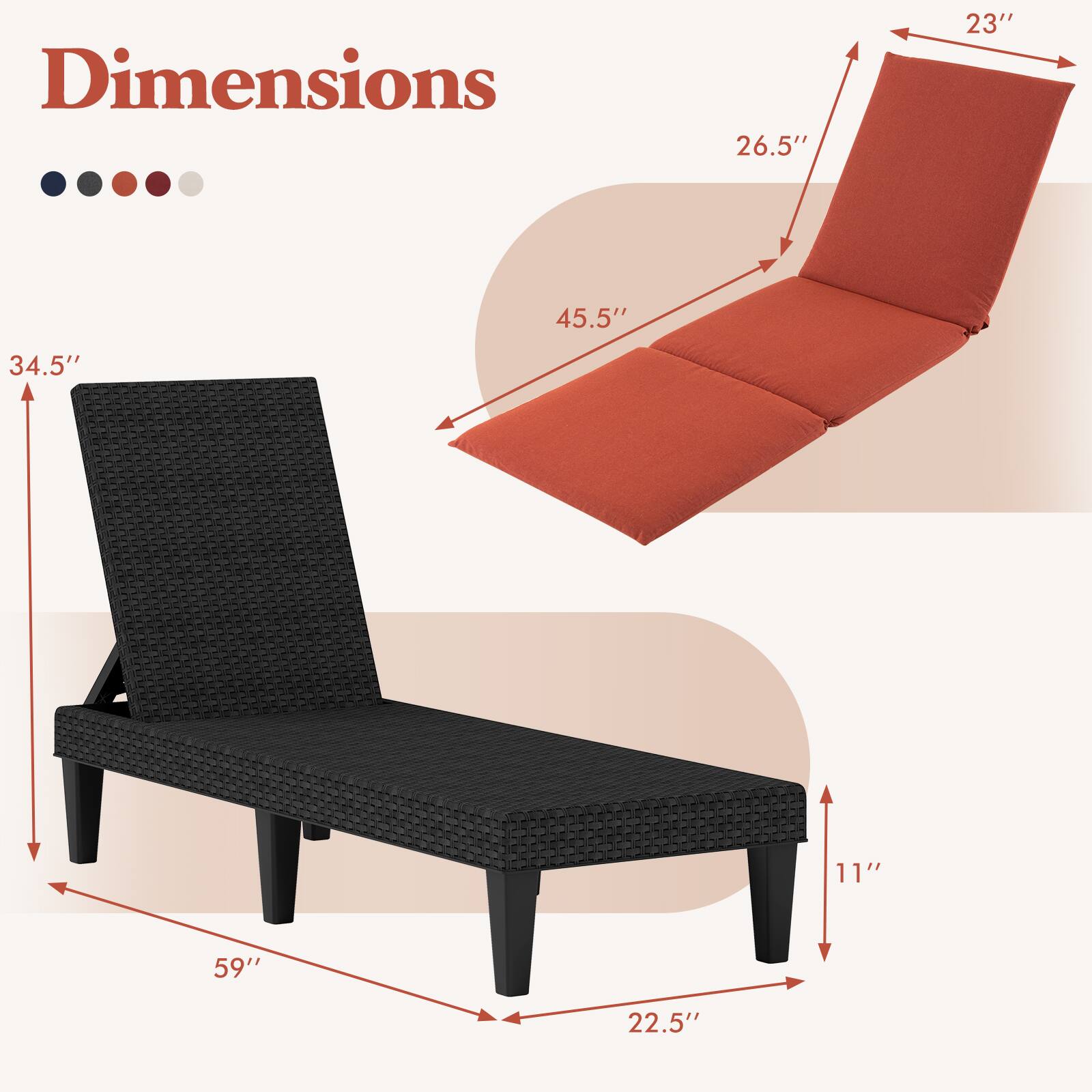 Dimensions: 26.5" x 23" x 45.5" x 34.5" x 11" x 59" x 22.5"