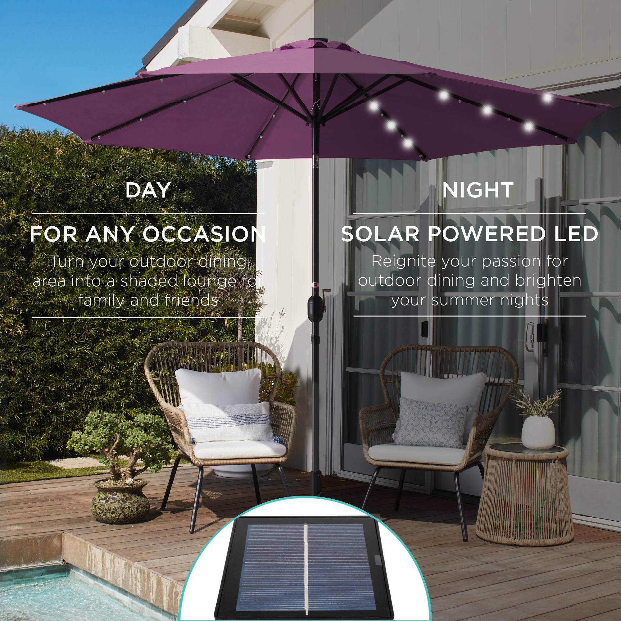 DAY NIGHT FOR ANY OCCASION

Turn your outdoor dining area into a shaded lounge for family and friends.

SOLAR POWERED LED

Reignite your passion for outdoor dining and brighten your summer nights.