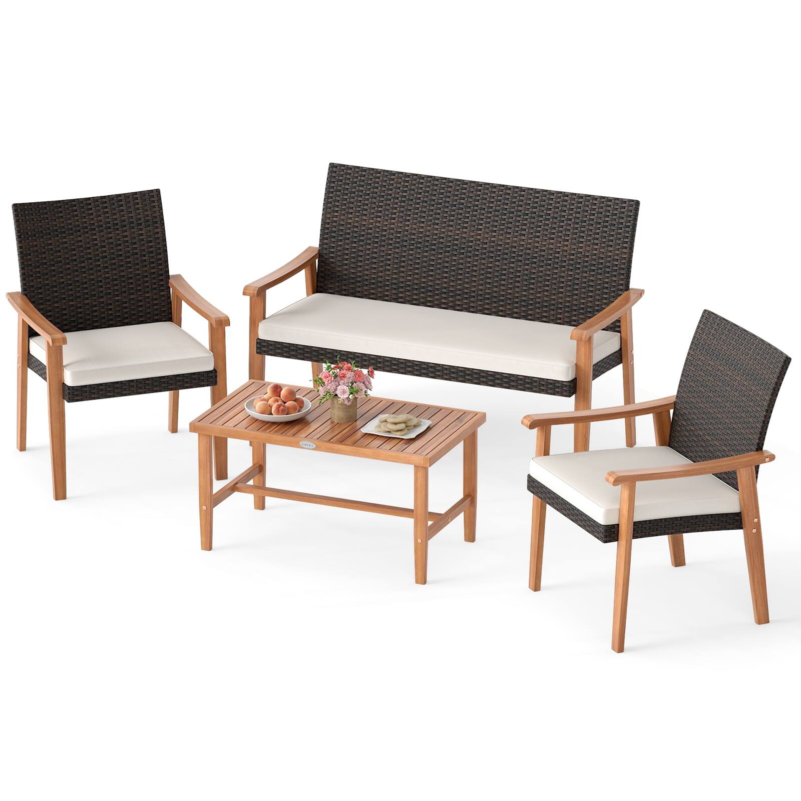 Alt View 7. Gymax - Gymax4 OCS Patio Furniture Set w/Acacia Wood Coffee Table & Soft Cushions for Garden Off White - Brown.