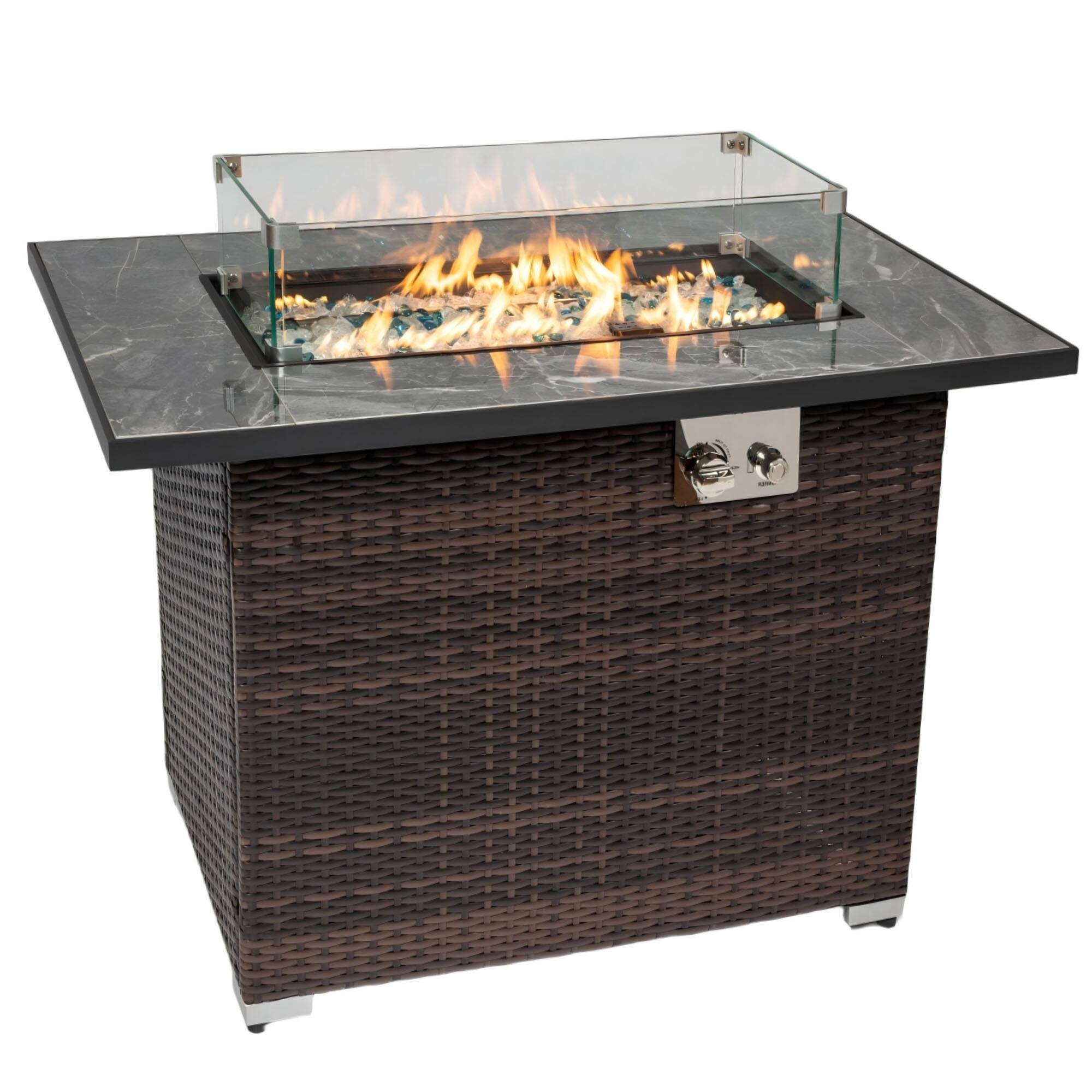 Front. Glintex - 44" Propane Fire Pit Table, 50,000 BTU Rectangular with Tile Top and Wicker Base for Patio, Deck, Courtyard - Espresso.