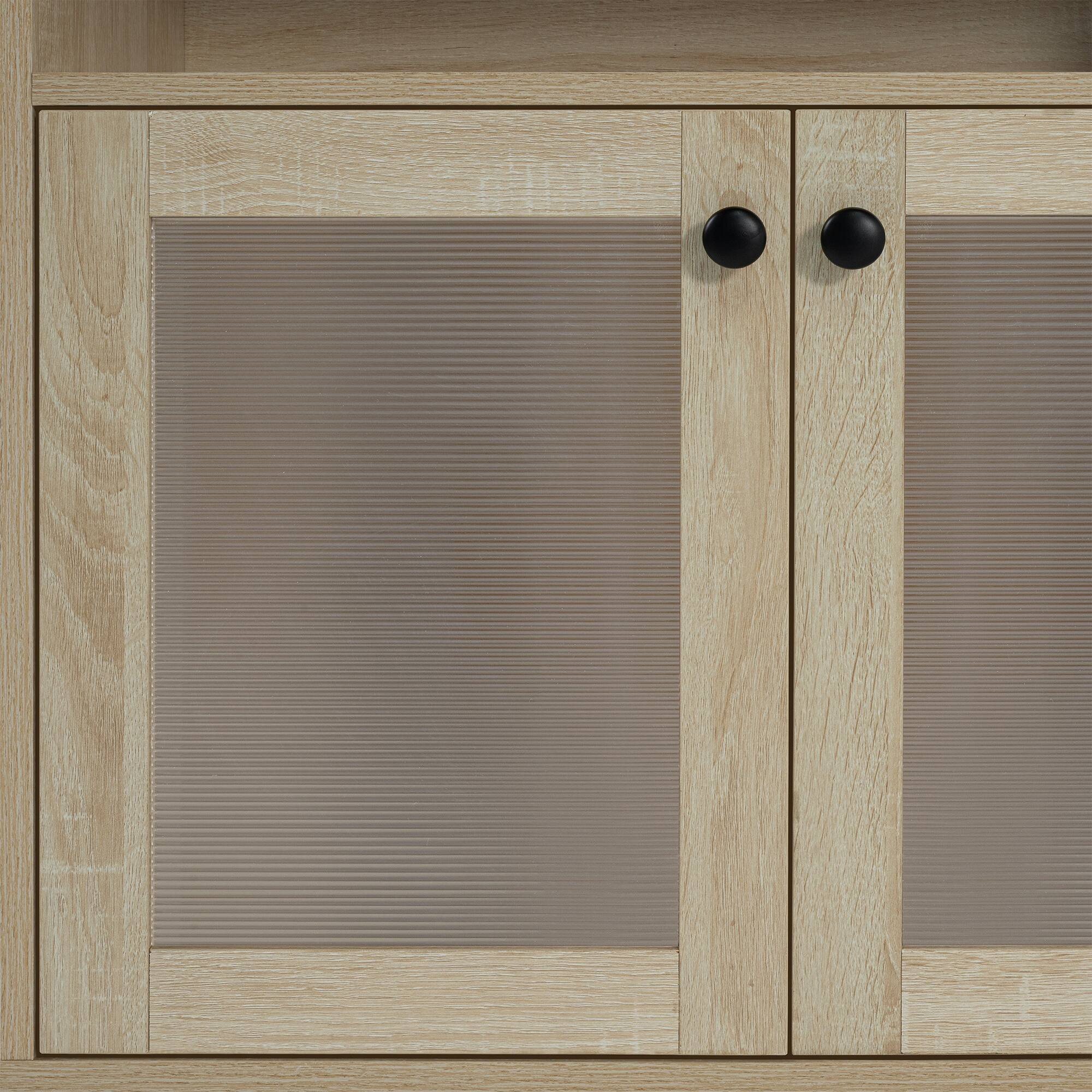 Alt View 6. Vaczon - Modern Natural Wood TV Stand with Storage Ribbed Glass Doors and Open Shelves, Entertainment Console - Light Oak.