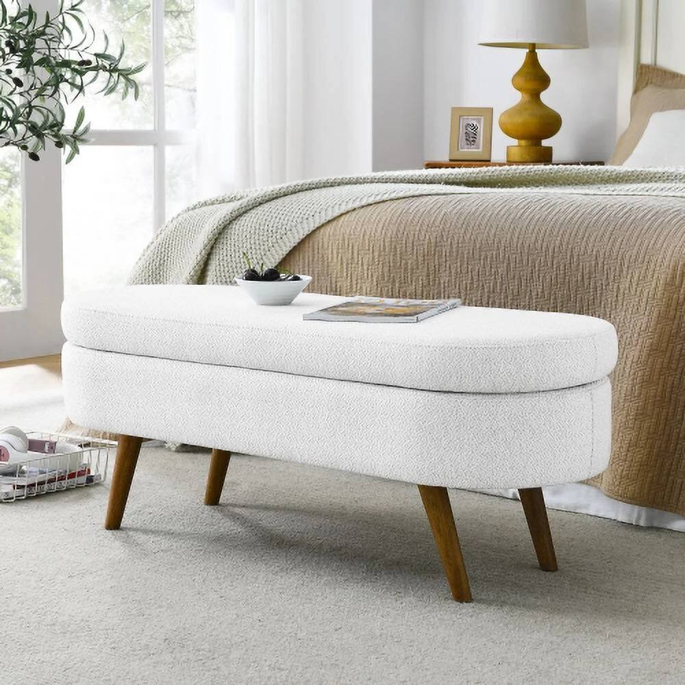 Angle. SlickBlue - Mid-Century Modern Boho Storage Bench – Linen Upholstered Bedroom Seat - White.