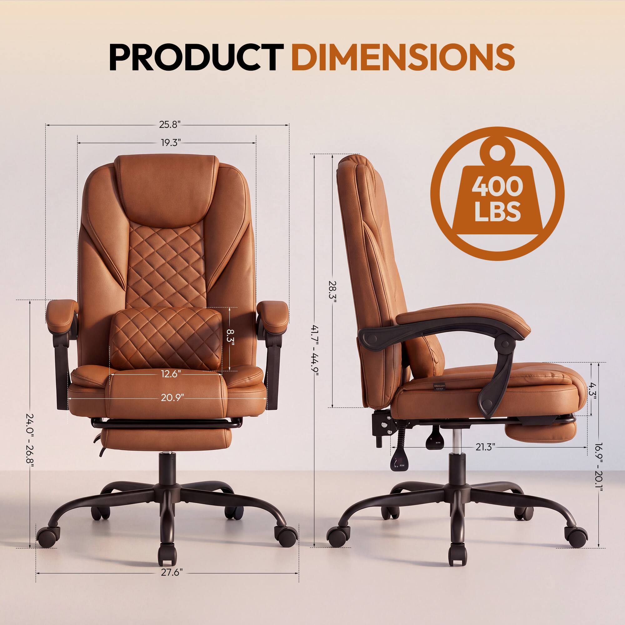 PRODUCT DIMENSIONS

- 25.8"
- 19.3"
- 400 LBS
- 24.0" - 26.8"
- 12.6" x 20.9"
- 8.3"
- 4.7" - 4.4" - 4.9"
- 28.3"
- 21.3"
- 4.3" - 16.9" - 20.1"
- 27.6"