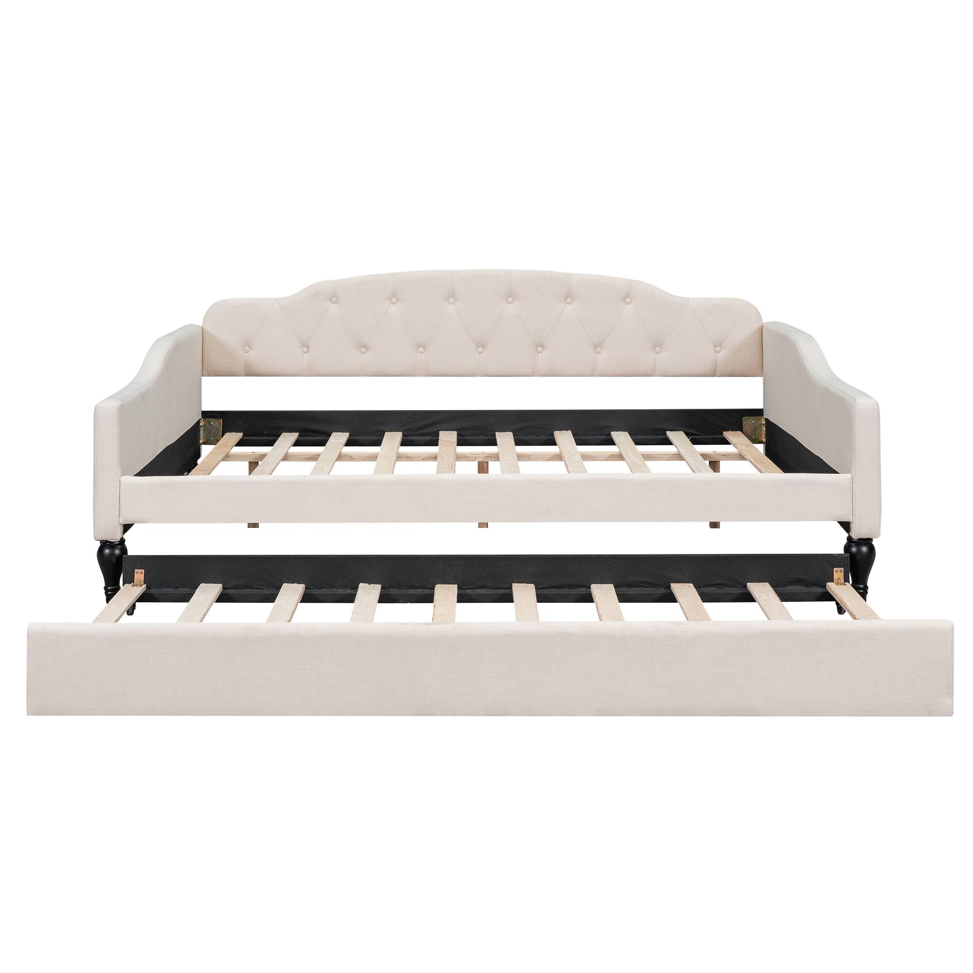 Alt View 7. Tiramisubest - Full Size Upholstered Tufted Daybed with Twin Size Trundle, Beige - Beige.