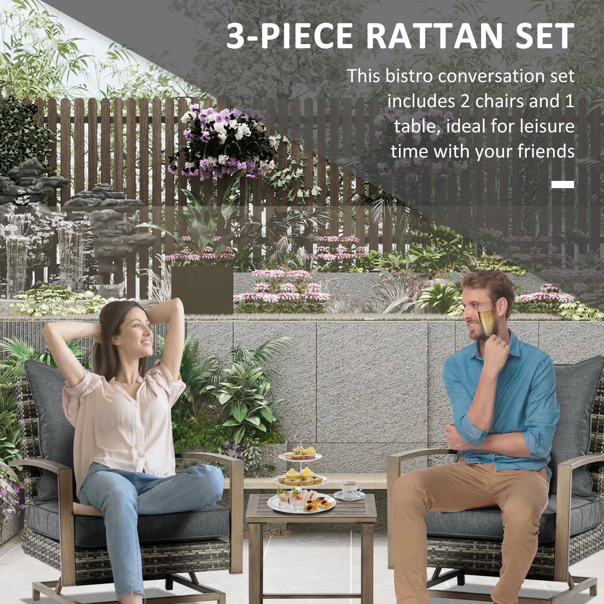 3-PIECE RATTAN SET
This bistro conversation set includes 2 chairs and 1 table, ideal for leisure time with your friends.