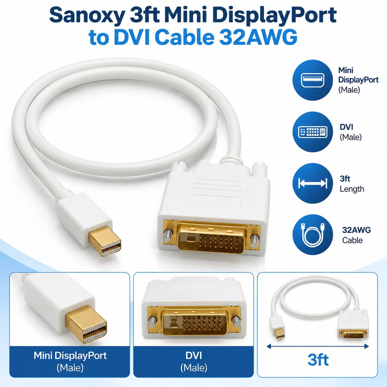 Sanoxy 3ft Mini DisplayPort to DVI Cable 32AWG

- Mini DisplayPort (Male)
- DVI (Male)
- 3ft Length
- 32AWG Cable