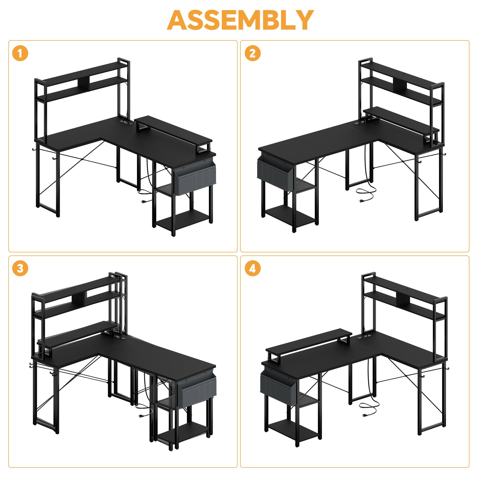 Alt View 1. Aheaplus - Small Reversible L-Shaped Gaming Desk: LED Lights, Power Outlets, Monitor Stand & Storage for Home Office Corner - Black.