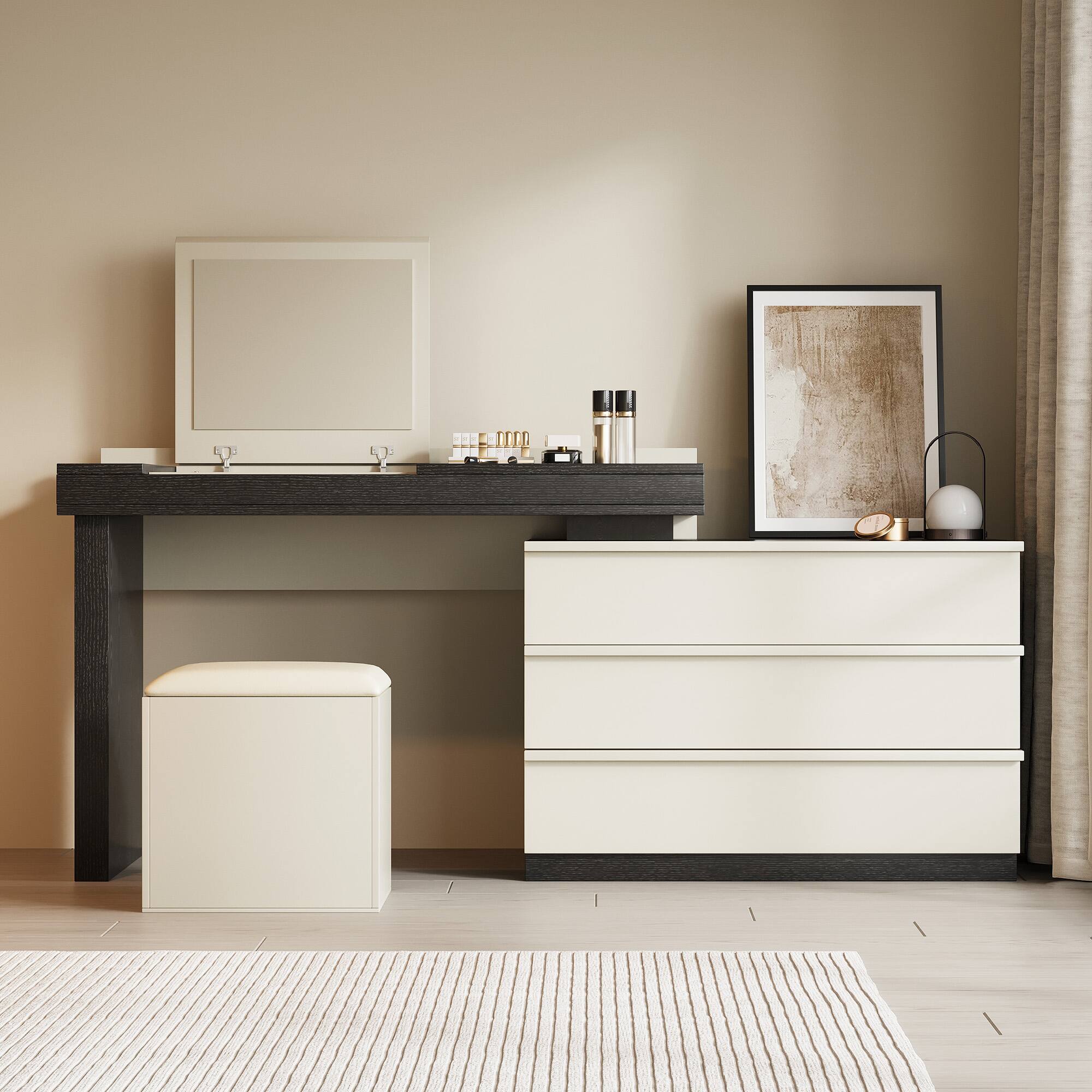 Alt View 2. luck idea - 47.12" Extendable Dressing Table with Vanity Stool, Mirror and Three Storage Drawers - Black.