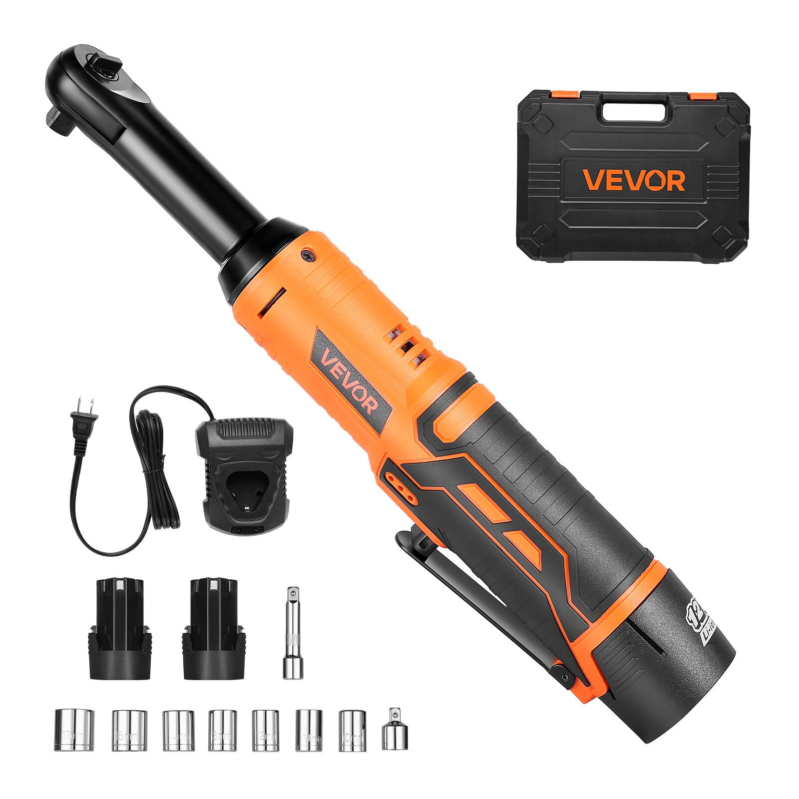 VEVOR - Cordless Ratchet Wrench, 3/8 inch Drive, 240 RPM, up to 33 ft-lbs of Torque, Extended Battery Powered Ratchet Wrench Set - Orange + black