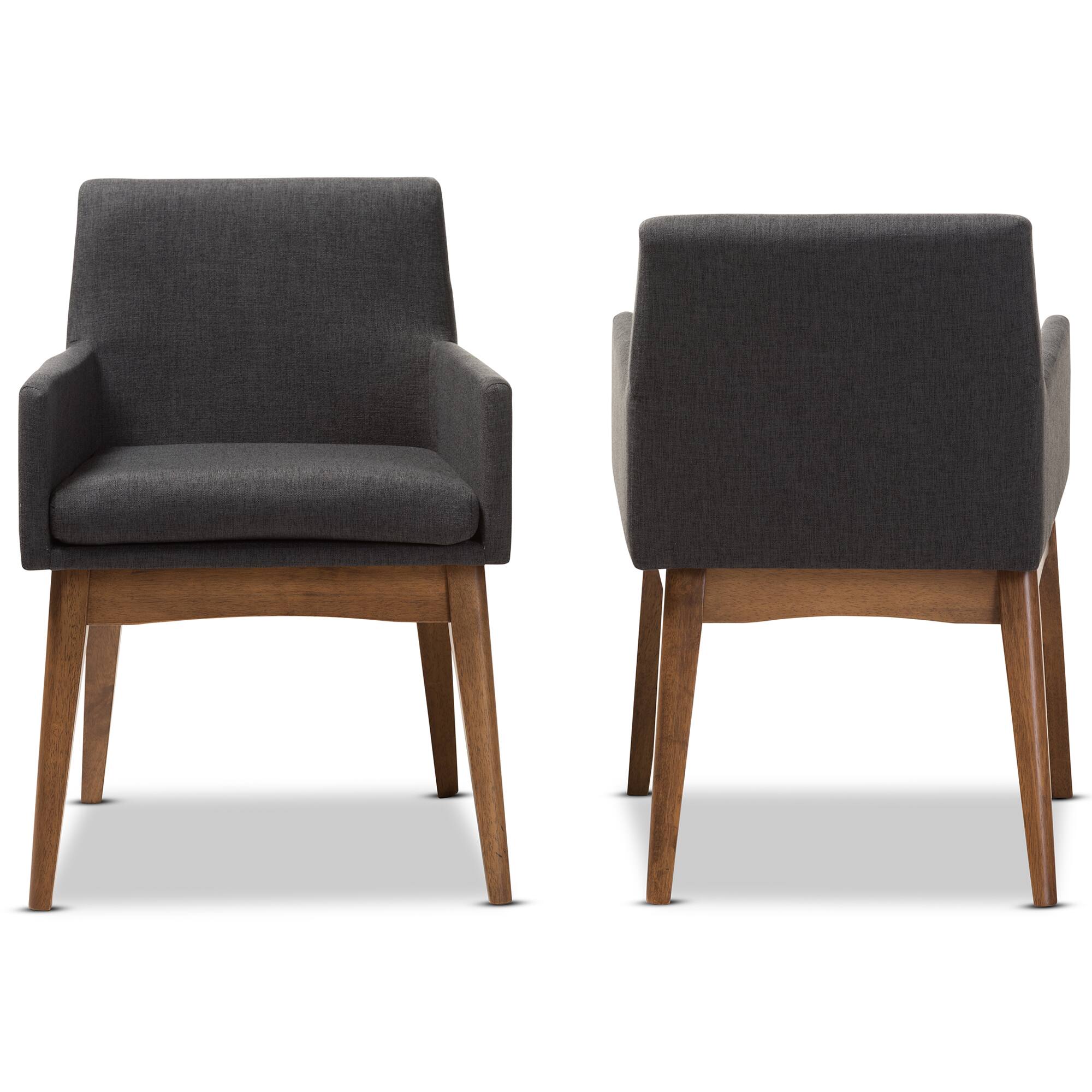 Angle. Baxton Studio - Set of 2 Nexus Mid-Century Modern Walnut Wood Finishing Gravel Fabric Dining Armchairs - "Gravel" Grey/"Walnut" Brown.