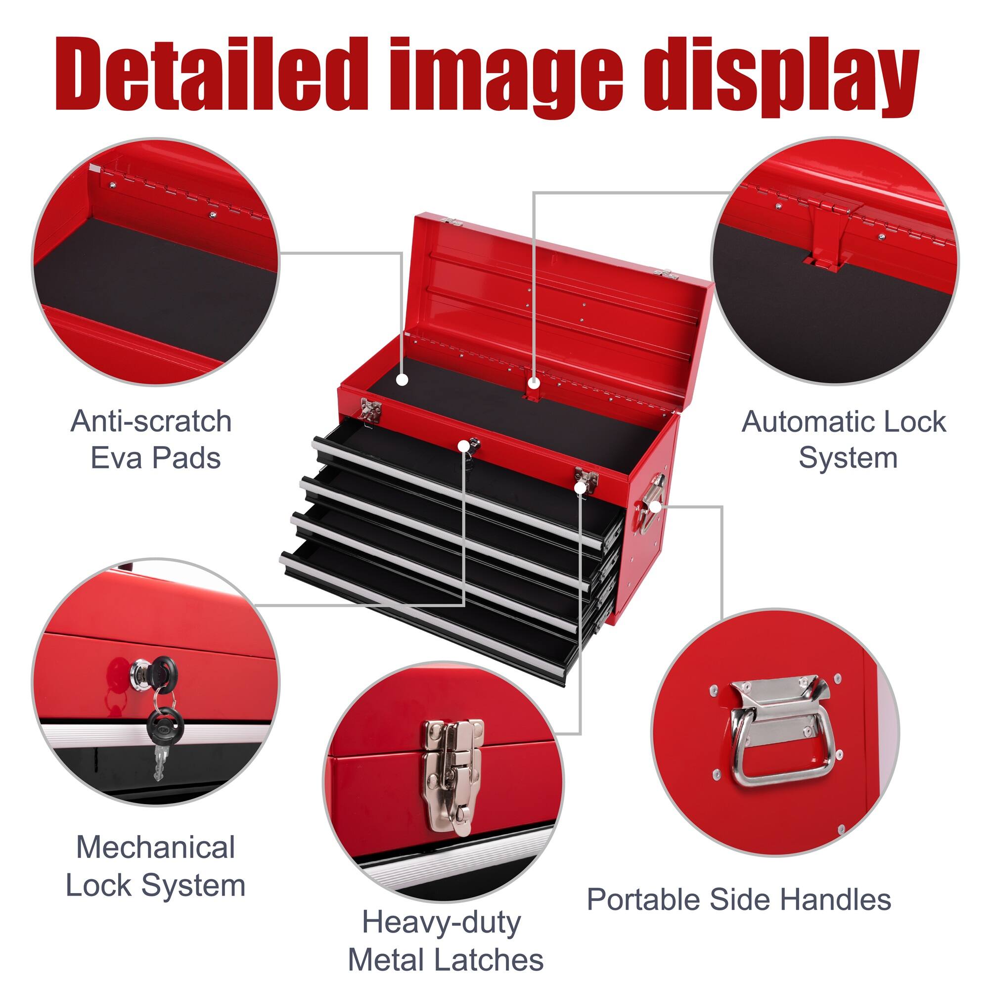 Detailed image display

- Anti-scratch Eva Pads
- Automatic Lock System
- Mechanical Lock System
- Heavy-duty Metal Latches
- Portable Side Handles