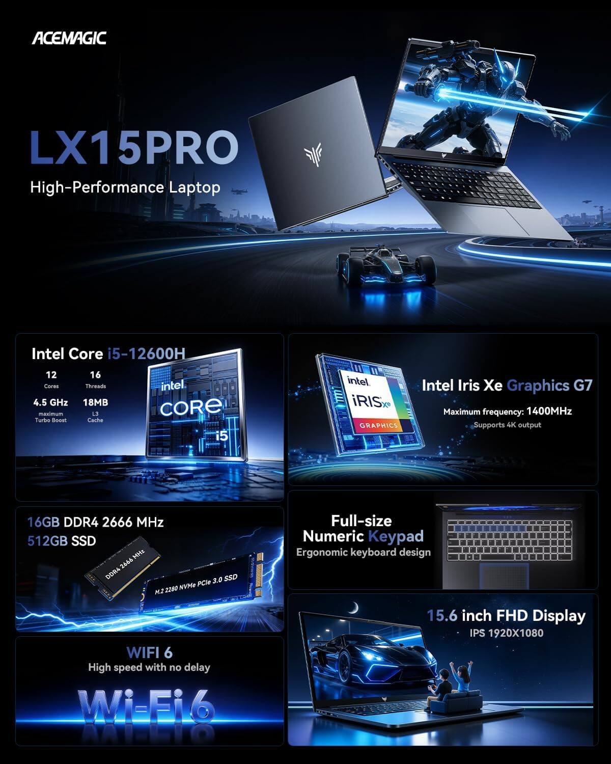 ACEMAGIC LX15PRO High-Performance Laptop

- Intel Core i5-12600H
  - 12 Cores
  - 16 Threads
  - 4.5 GHz maximum Turbo Boost
  - 18MB L3 Cache

- Intel Iris Xe Graphics G7
  - Maximum frequency: 1400MHz
  - Supports 4K output

- 16GB DDR4 2666 MHz

- 512GB SSD (M.2 2280 NVMe PCIe 3.0)

- Full-size Numeric Keypad
- Ergonomic keyboard design

- WIFI 6
  - High speed with no delay

- 15.6 inch FHD Display
  - IPS 1920X1080