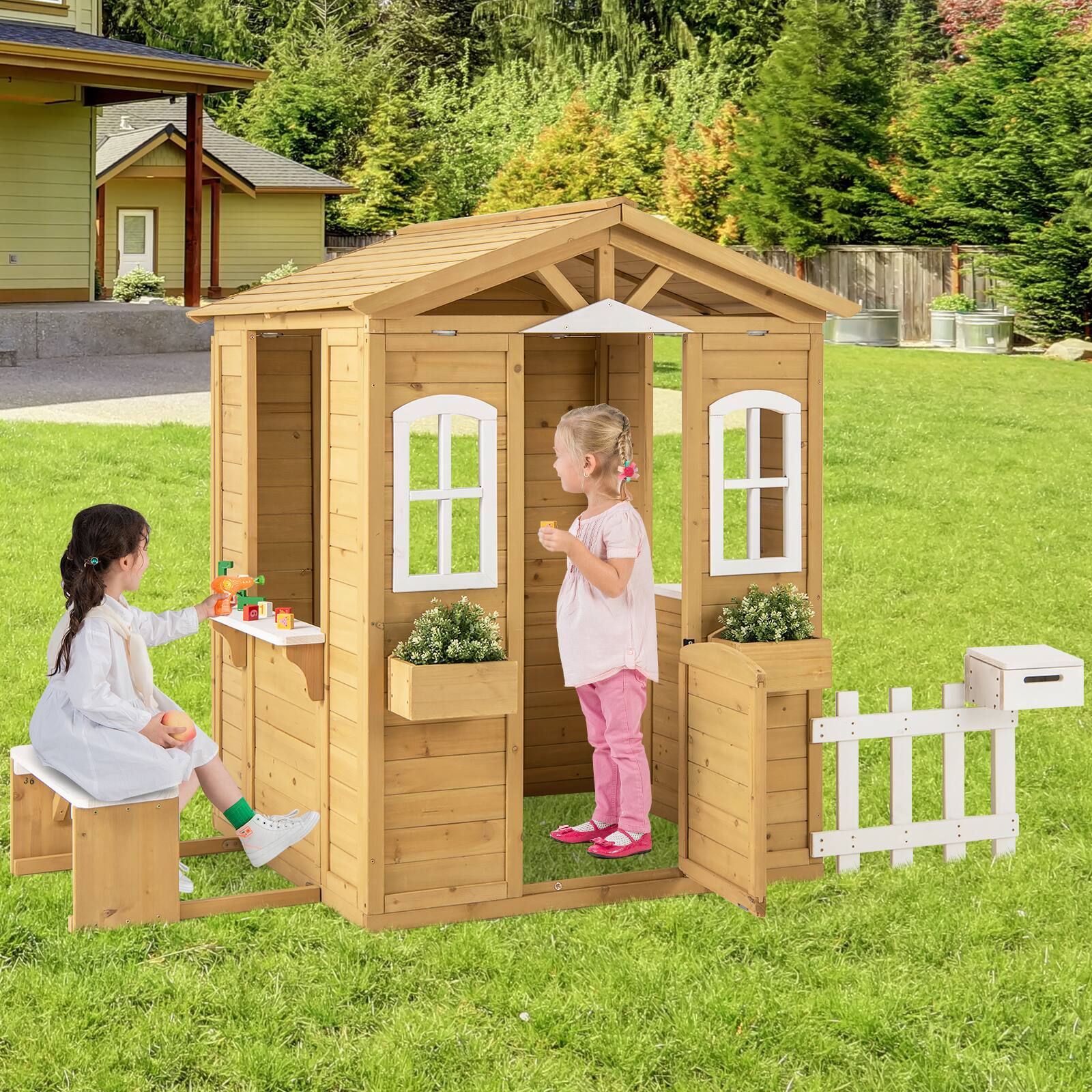 Alt View 3. Gymax - Gymax Wood Playhouse for Kids Outdoor Adventures Cottage w/ Bench Play Game Center - Natural, White.