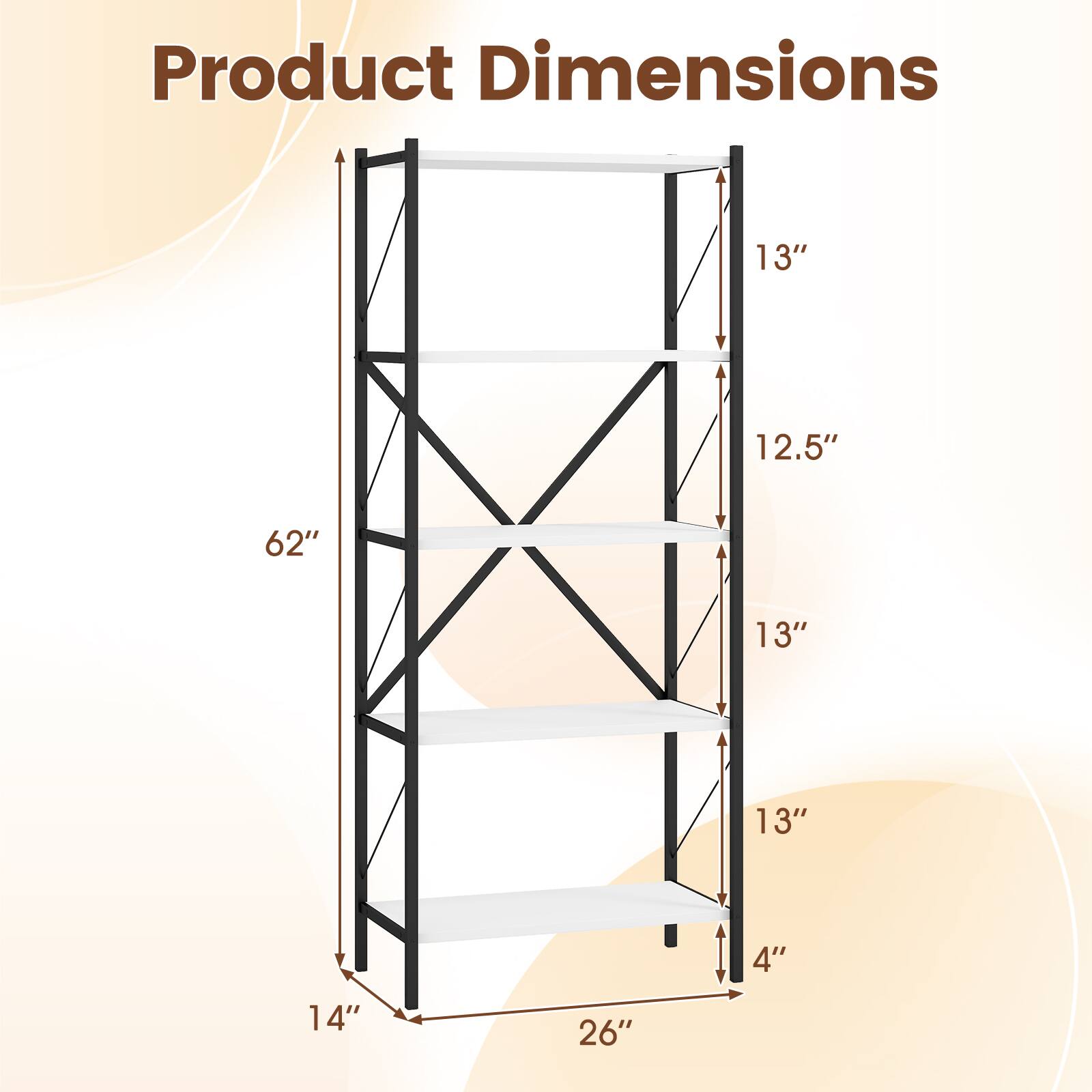 Product Dimensions: 13" x 12.5" x 62" x 13" x 13" x 4" x 14" x 26"