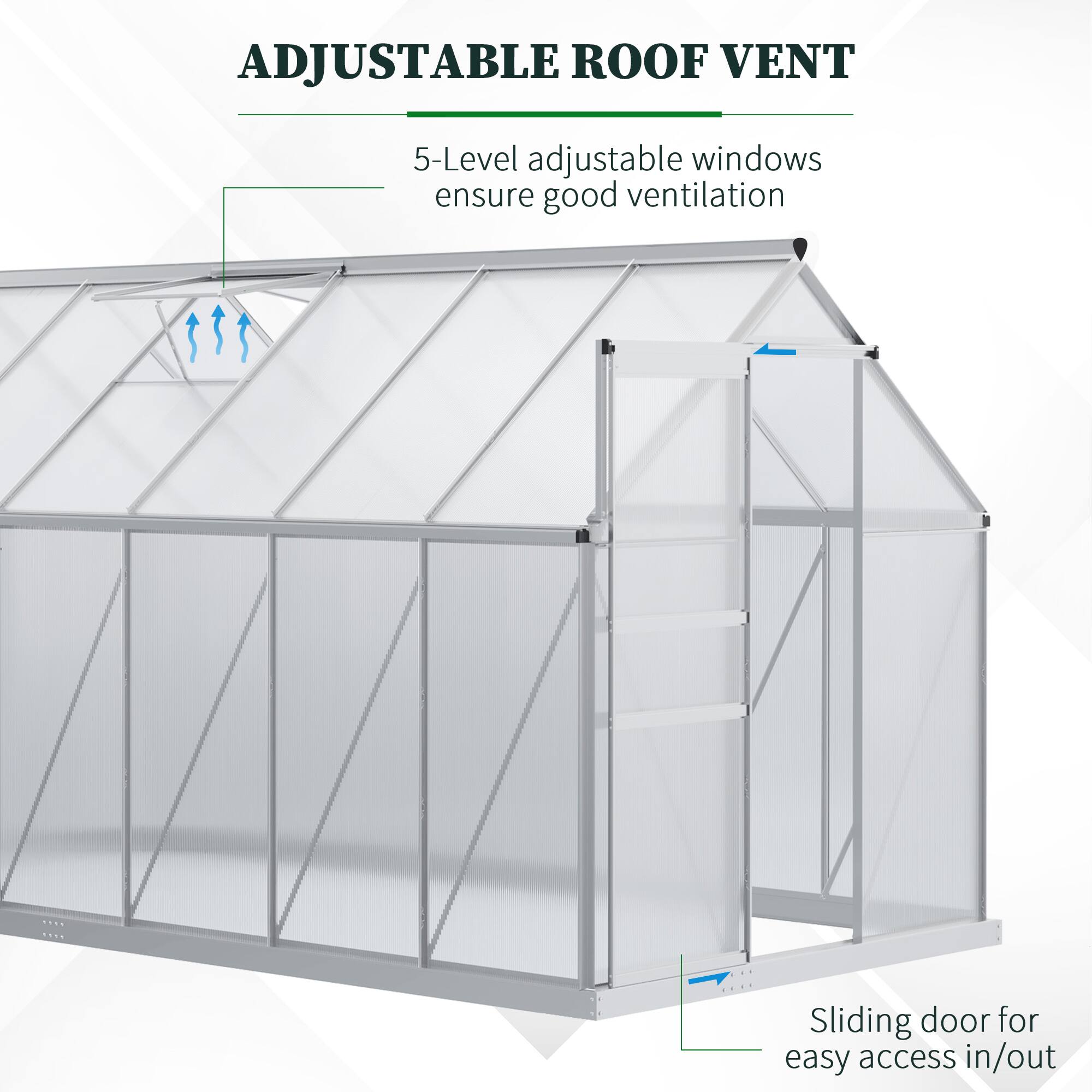 ADJUSTABLE ROOF VENT

5-Level adjustable windows ensure good ventilation

Sliding door for easy access in/out