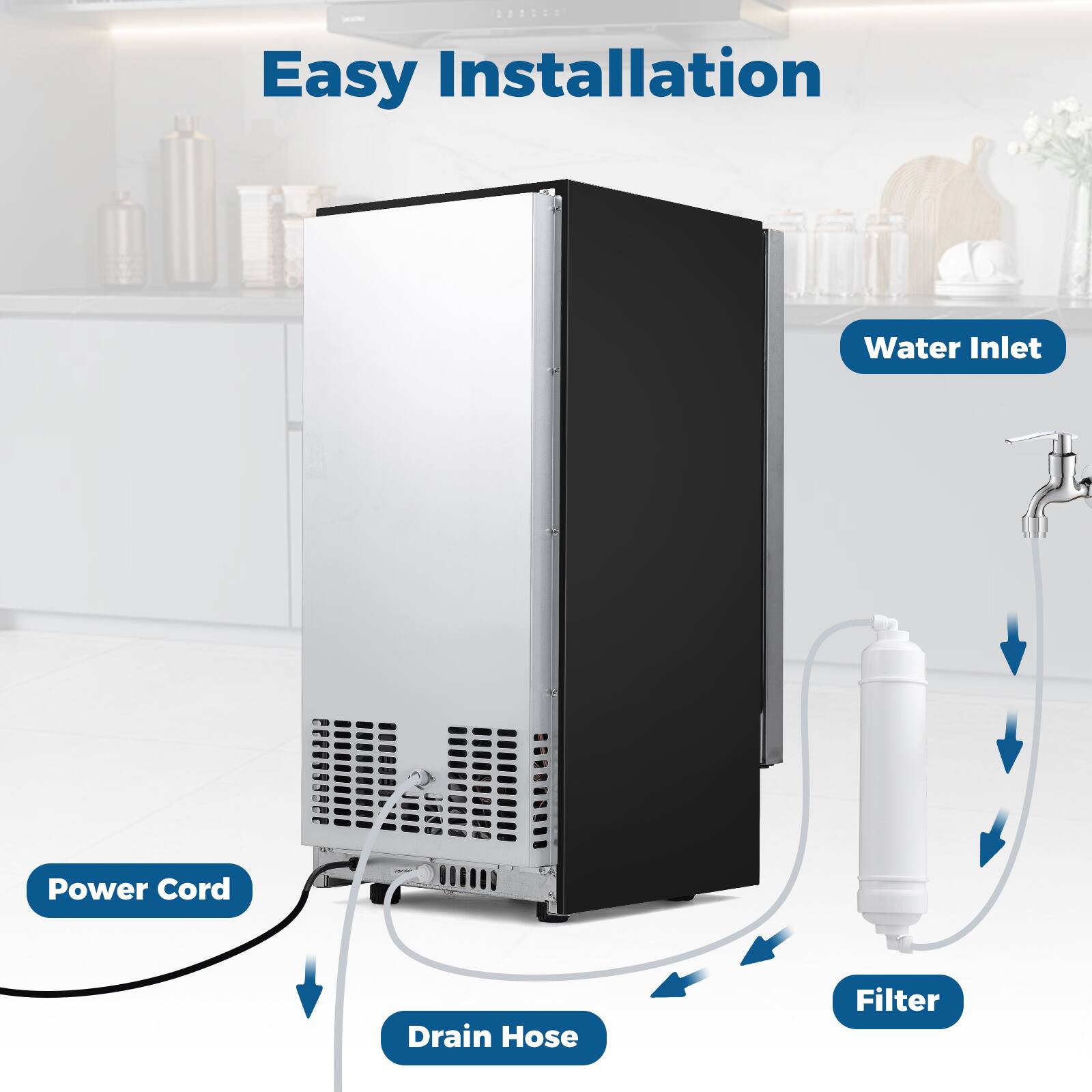 Easy Installation  
- Water Inlet  
- Power Cord  
- Drain Hose  
- Filter