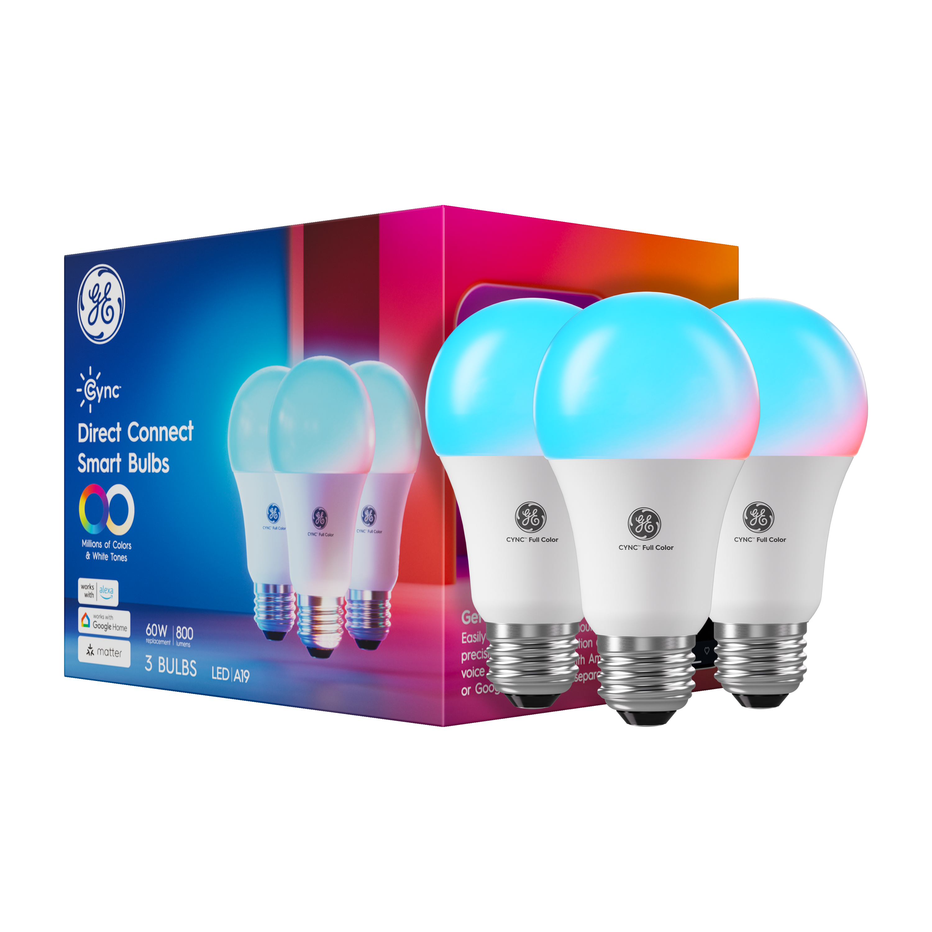 Cync - Direct Connect A19 60W Smart LED Bulb (3-Pack) - Full Color