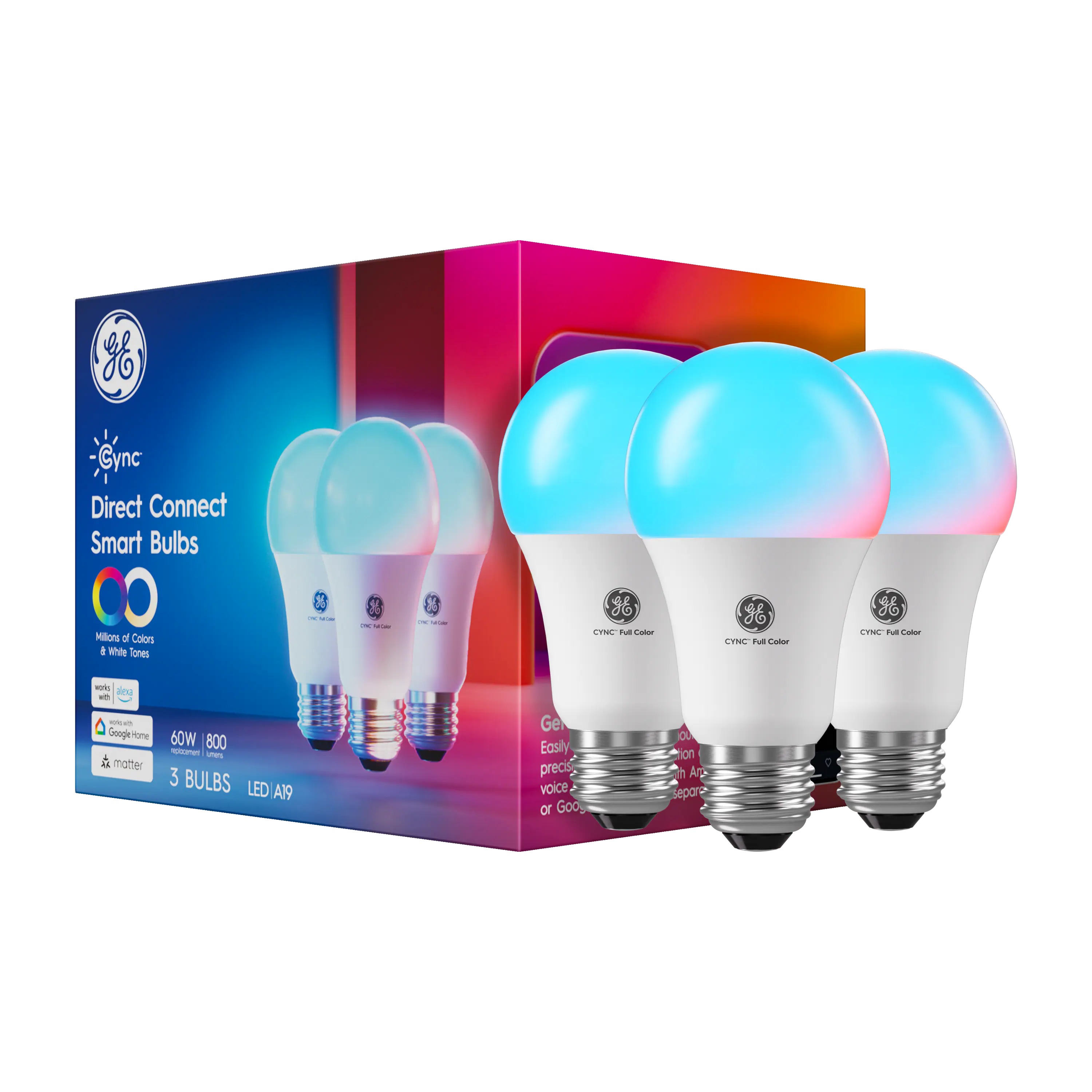 Cync - Direct Connect A19 60W Smart LED Bulb (3-Pack) - Full Color