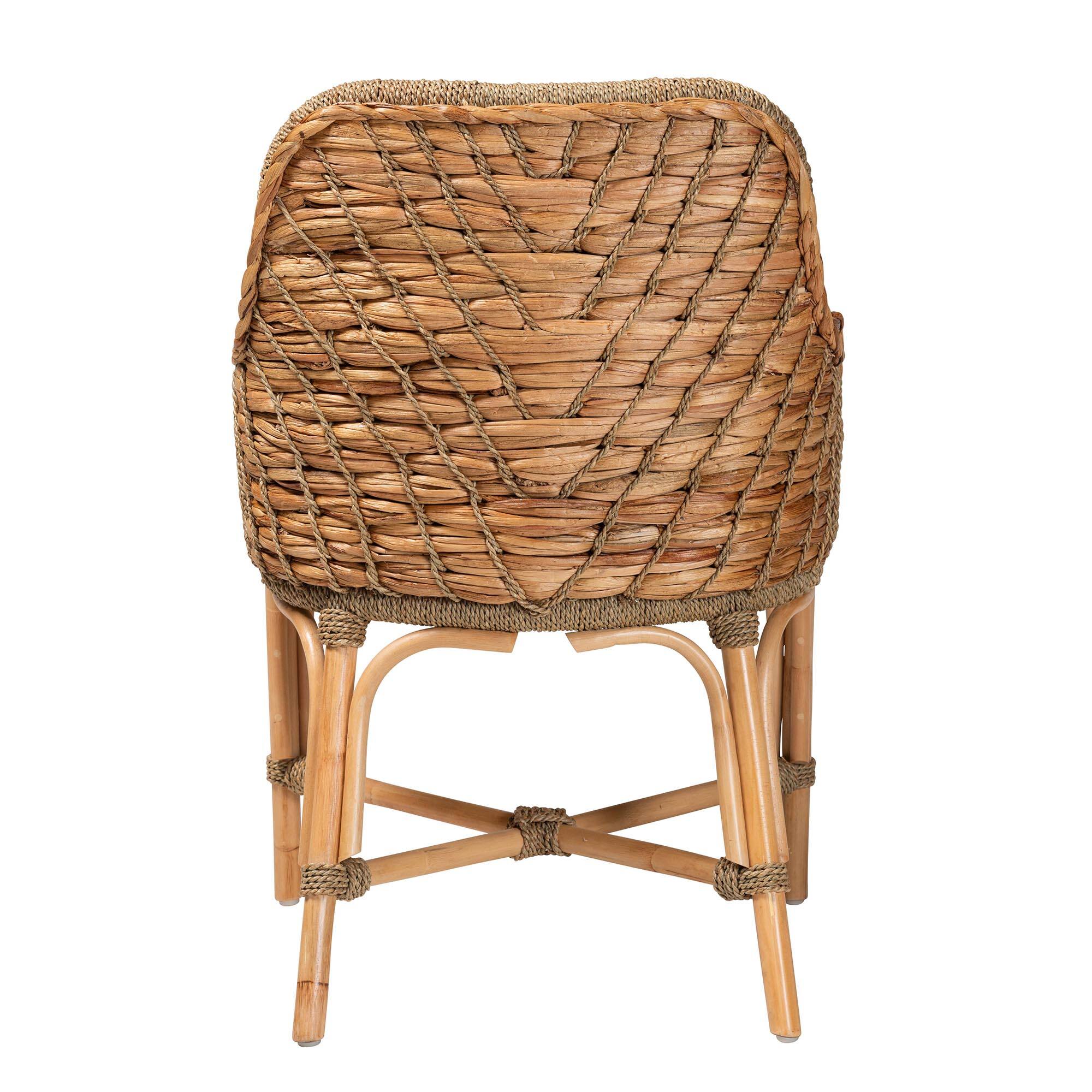 Back. bali & pari - Kyle Modern Bohemian Woven Rattan Dining Arm Chair with Cushion - White/Natural Brown.