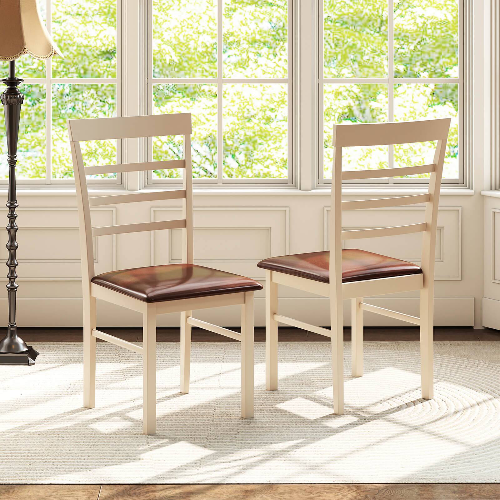 Alt View 5. Costway - Costway Wooden dining chair set of 2 with rubber wood frame padded seat for kitchen - White+Brown.