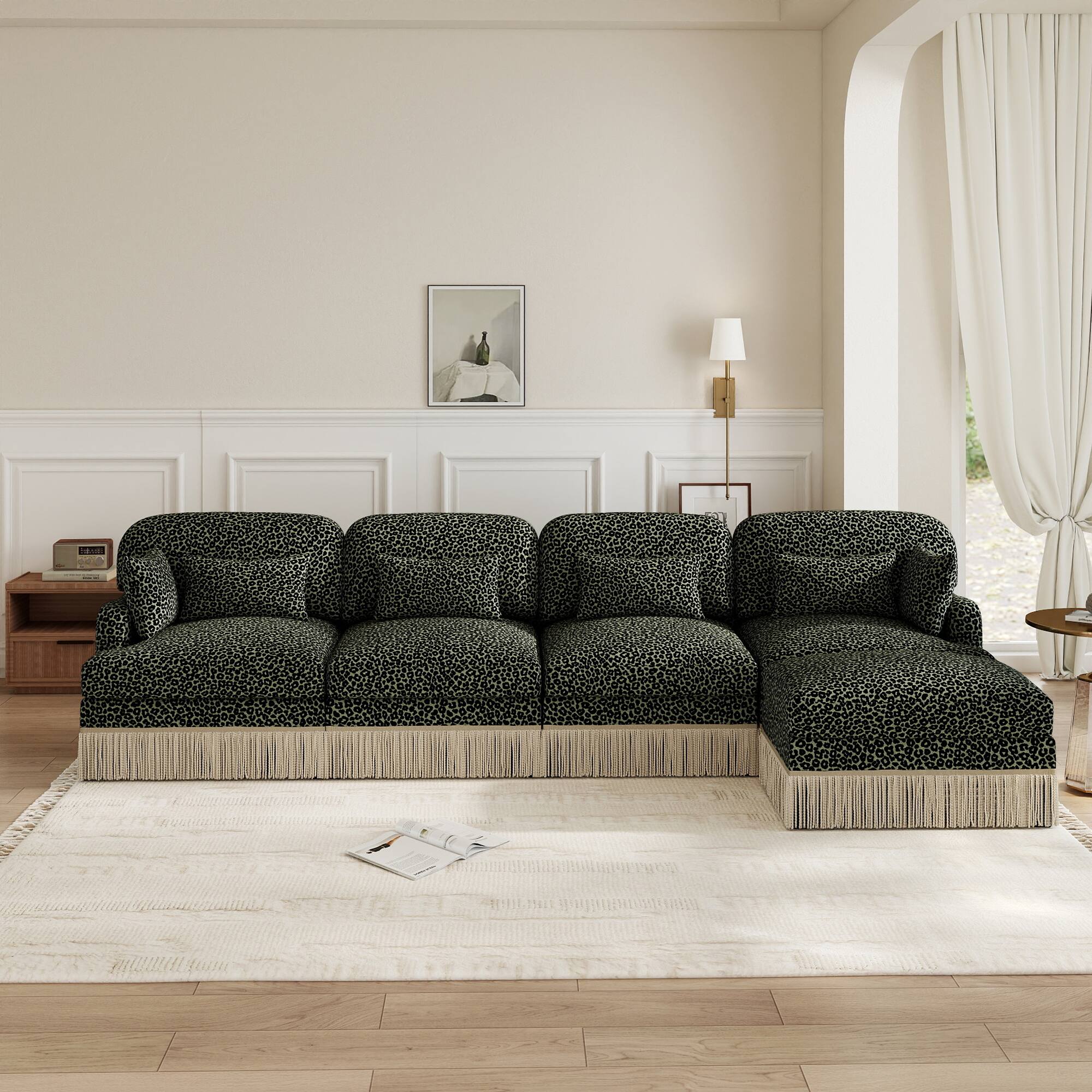 Left. Anysun - 131" 4-Seater Flexible Modular Leopard Print Chenille L-Shaped Sofa with Tassel Edges & Movable Ottoman - Green.