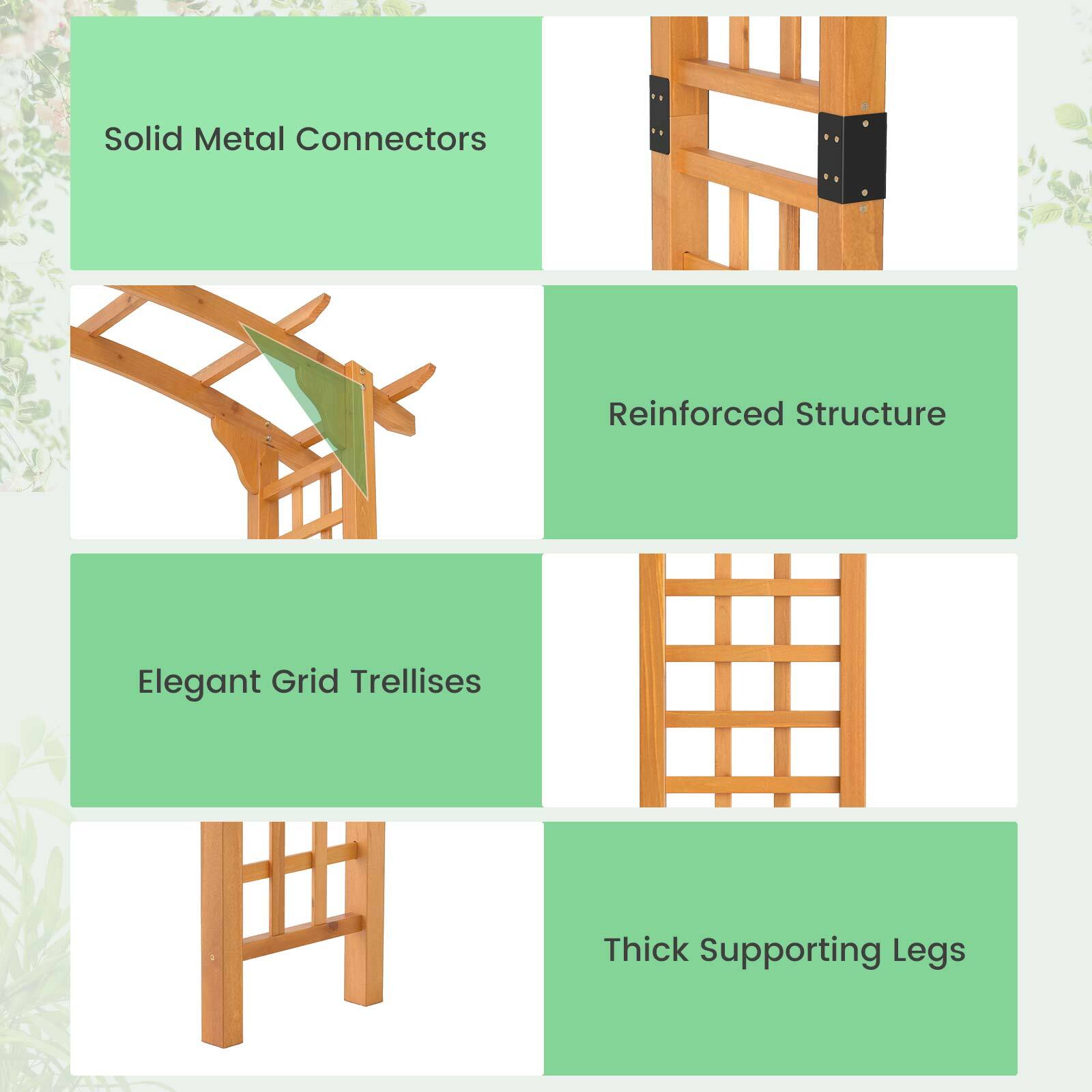 Solid Metal Connectors  
Reinforced Structure  
Elegant Grid Trellises  
Thick Supporting Legs
