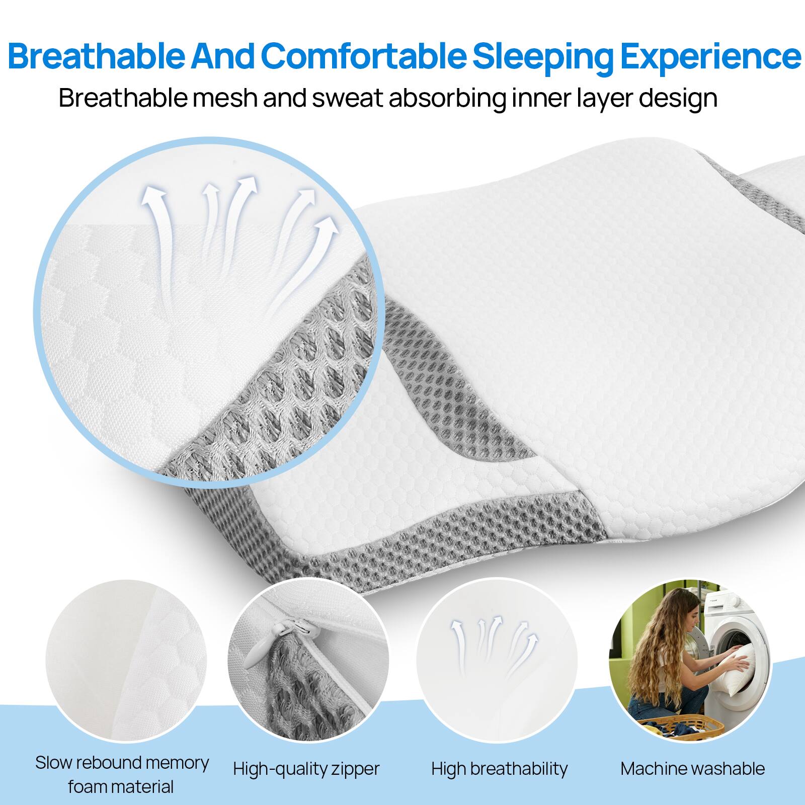 Breathable And Comfortable Sleeping Experience  
Breathable mesh and sweat absorbing inner layer design  

- Slow rebound memory foam material  
- High-quality zipper  
- High breathability  
- Machine washable