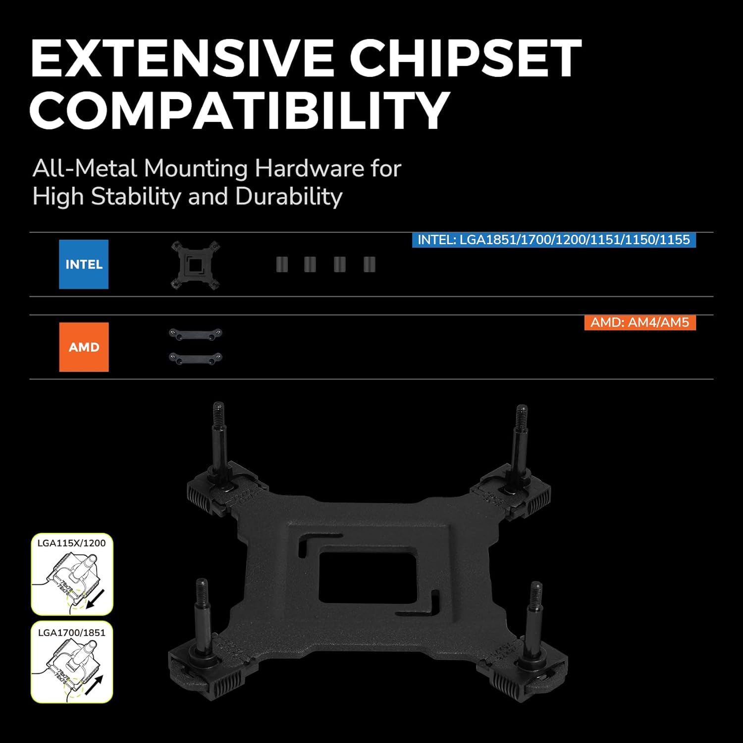 EXTENSIVE CHIPSET COMPATIBILITY

All-Metal Mounting Hardware for High Stability and Durability

INTEL: LGA1851/1700/1200/1151/1150/1155

AMD: AM4/AM5

LGA115X/1200

LGA1700/1851