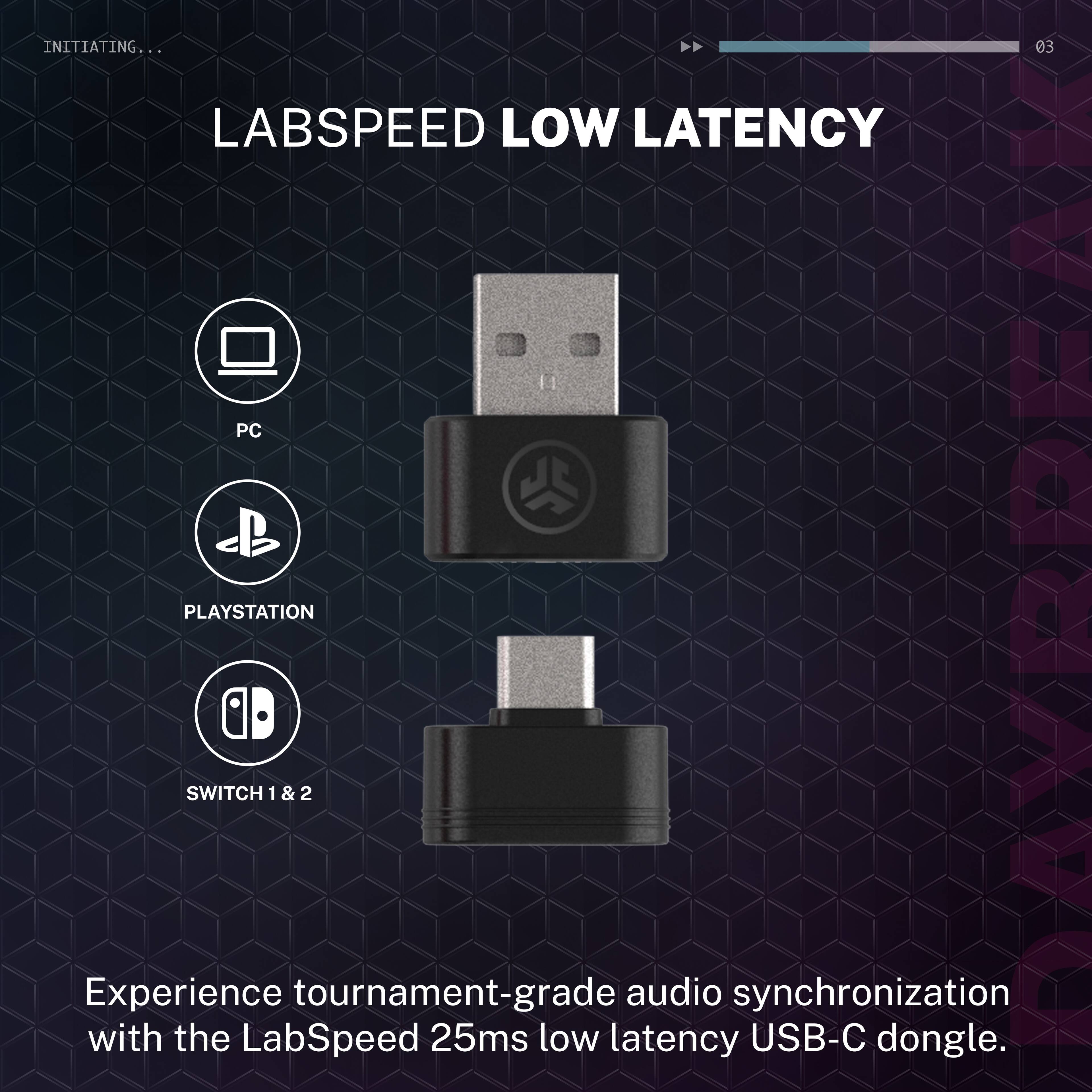 INITIATING...

LABSPEED LOW LATENCY

PC
PLAYSTATION
SWITCH 1 & 2

Experience tournament-grade audio synchronization with the LabSpeed 25ms low latency USB-C dongle.