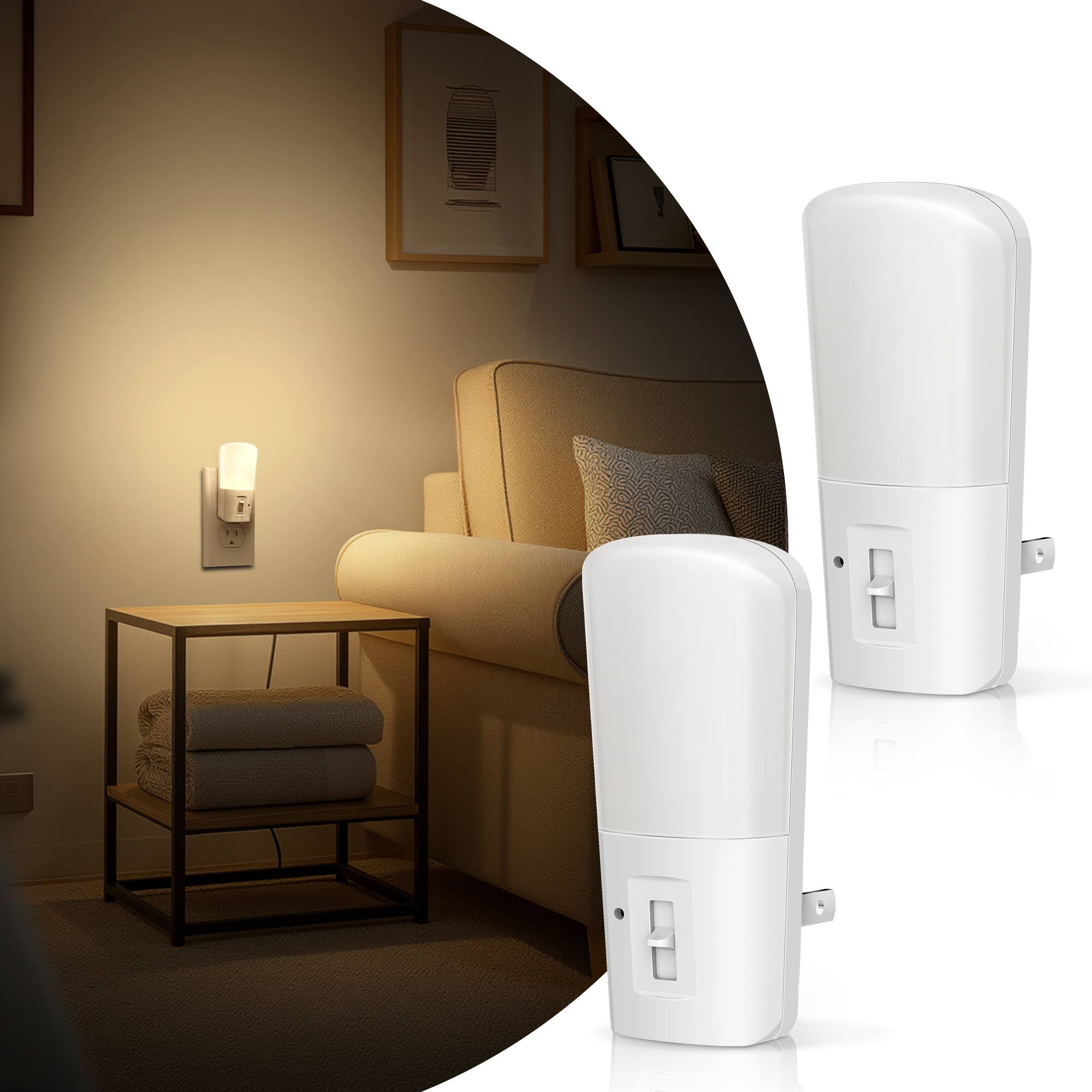 Angle. Jandcase - JANDCASE 2-Pack 1W  Plug-in Night Light, 3000K Warm Glow, Vertical Design with Slide Dimmer, Dusk-to-Dawn Sensor - White.