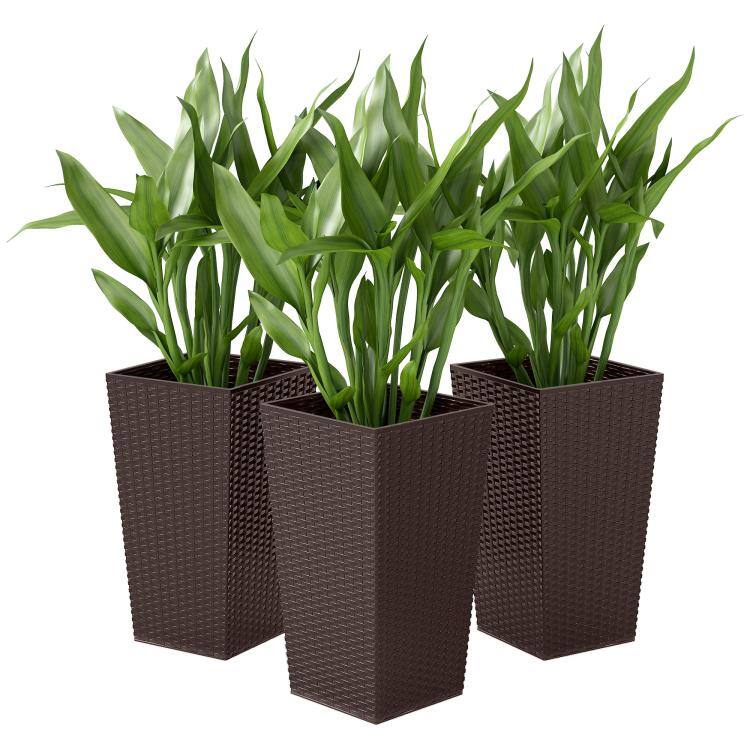 Front. PULUZ - Set of 3 Tall Planters with Drainage Hole, 24 inch Outdoor Flower Plant Pots, Indoor Planters for Porch, Front Door - Brown.