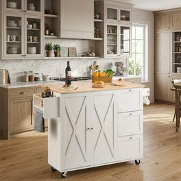 Forest'nSky - 45.3" Wide Rolling Kitchen Island Cart with Solid Wood Top, Mobile Storage Cabinet - White
